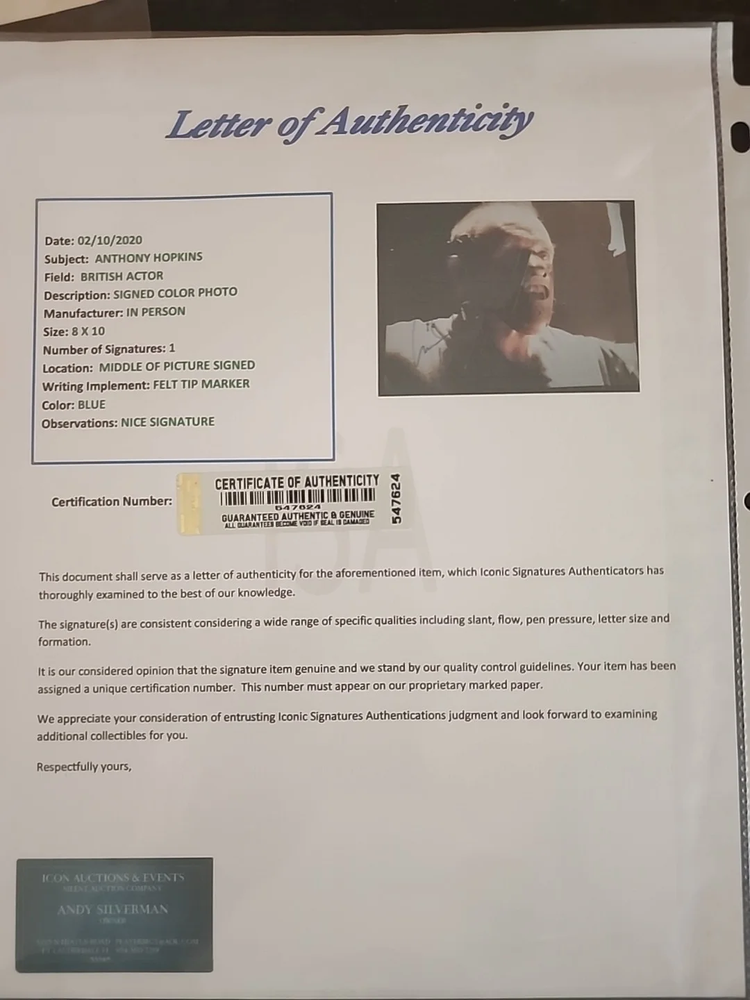 Anthony Hopkins — Anthony Hopkins Signed 8x10" (HANNIBAL LECTER) Authentic Autograph w/COA, image 5