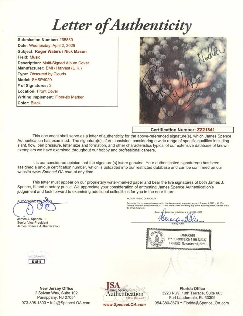 Nick Mason, Roger Waters — Roger Waters Nick Mason Signed Autograph Obscured By Clouds Album Record JSA COA, image 3