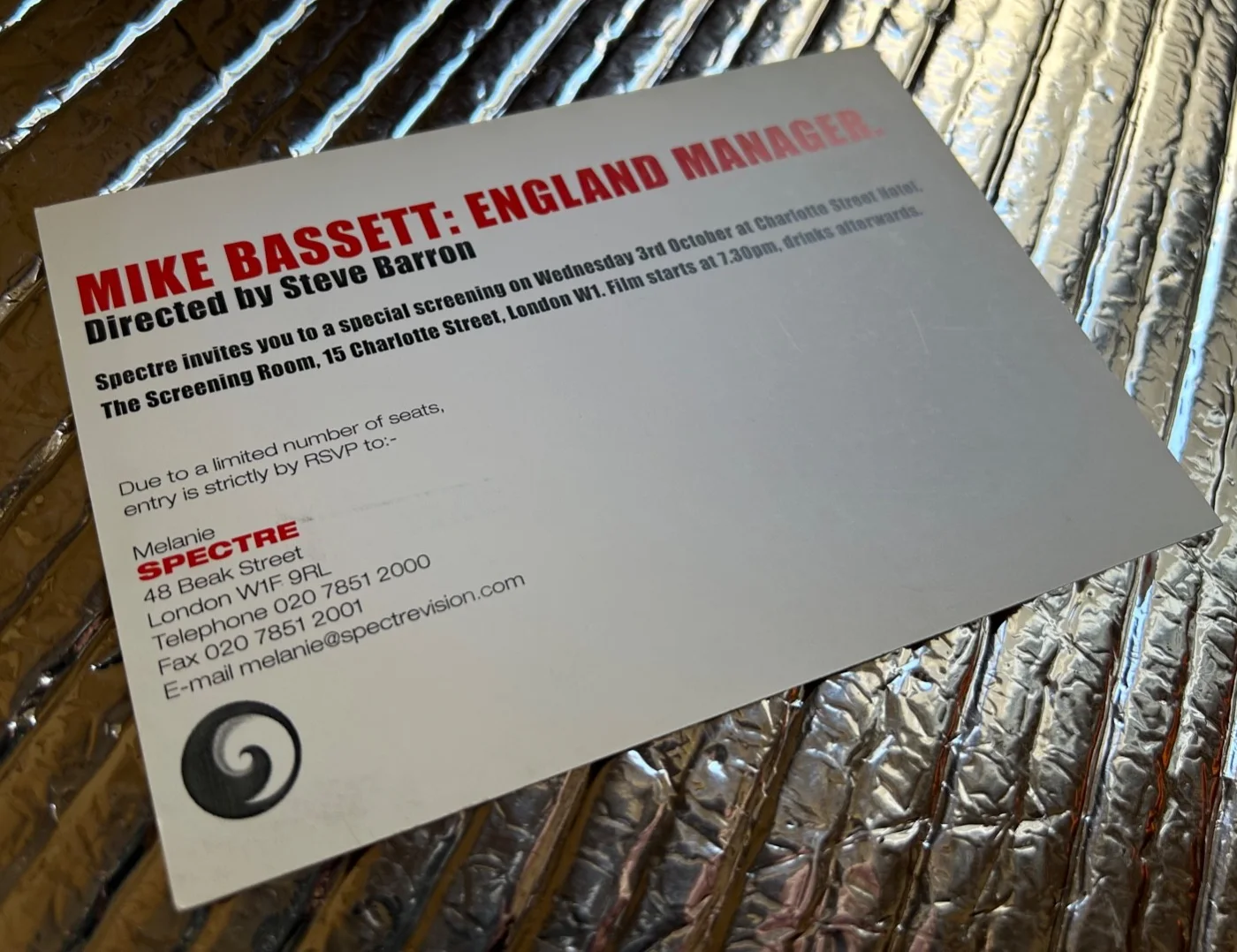 Mike Bassett: England Manager. 2001 London Preview Screening Invite Card, изображение 2