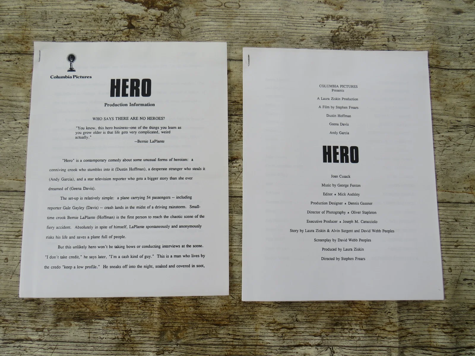 HERO ORIGINAL 1992 CINEMA MOVIE PRESS KIT Dustin Hoffman 6 PHOTOS / PROD INFO, image 3
