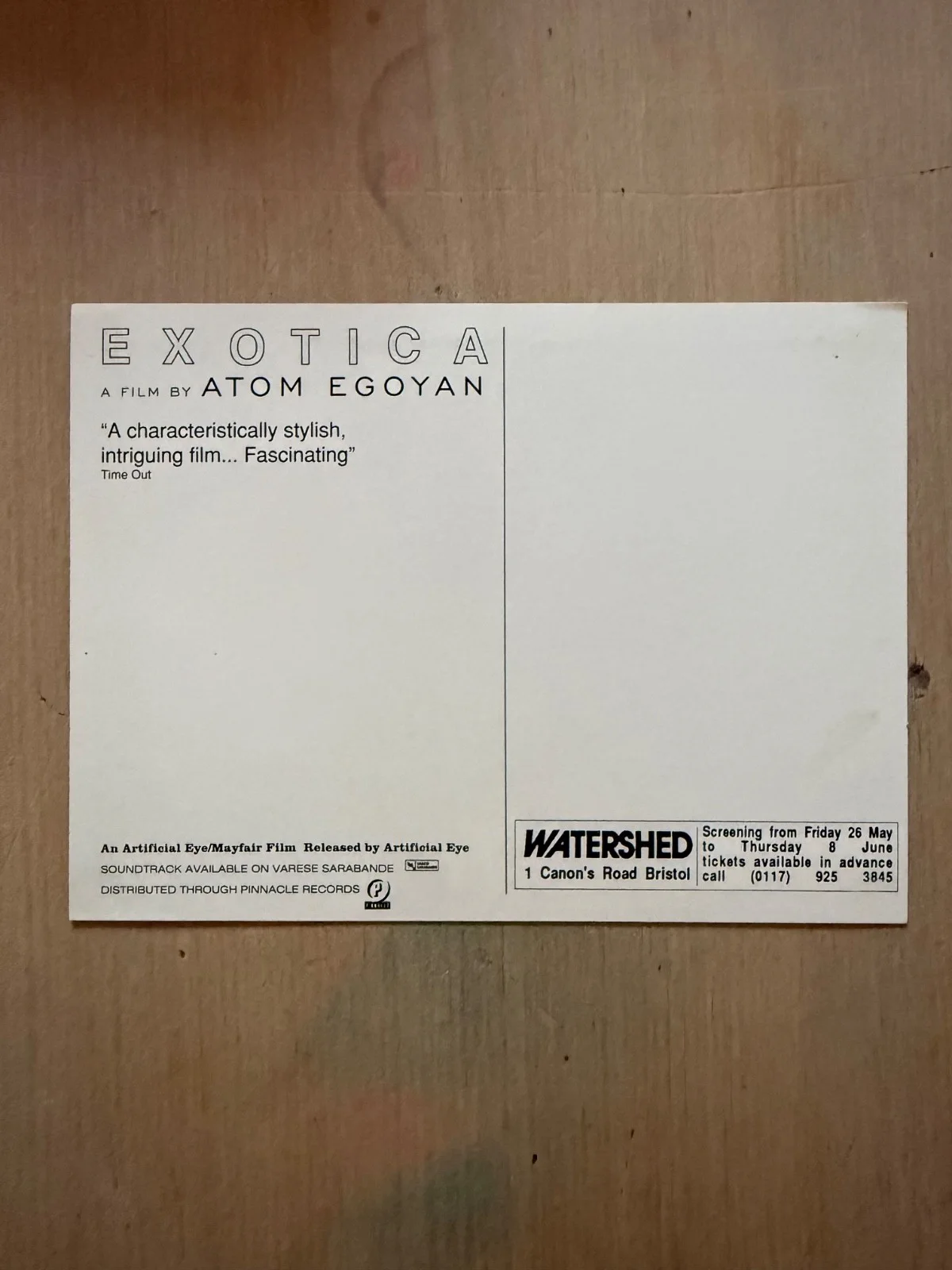 Promotional Postcard for the Atom Egoyan film Exotica 1994, изображение 2