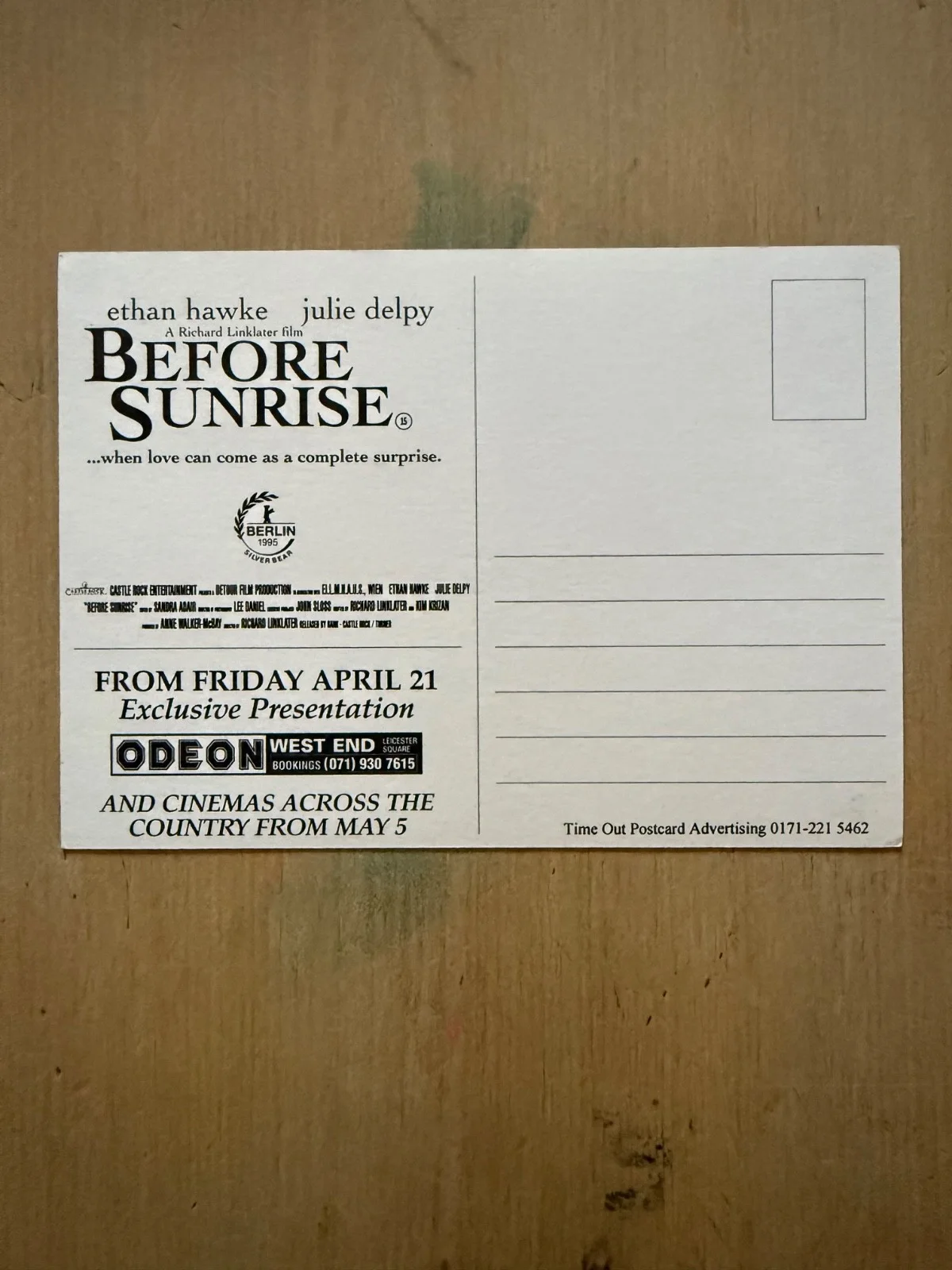 Original Promotional Postcard for the Richard Linklater film Before Sunrise, изображение 2