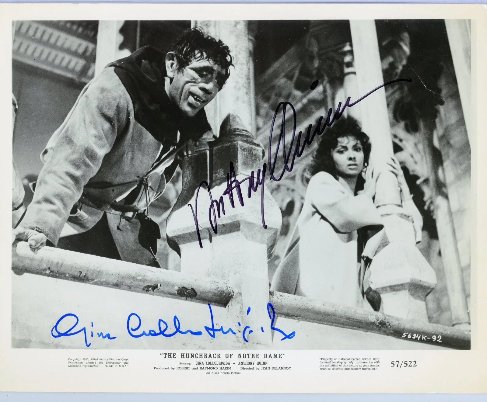 Gina Lollobrigida, Anthony Quinn — Gina Lollobrigida & Anthony Quinn Signed 8x10 The Hunchback Of Notre Dame 1956