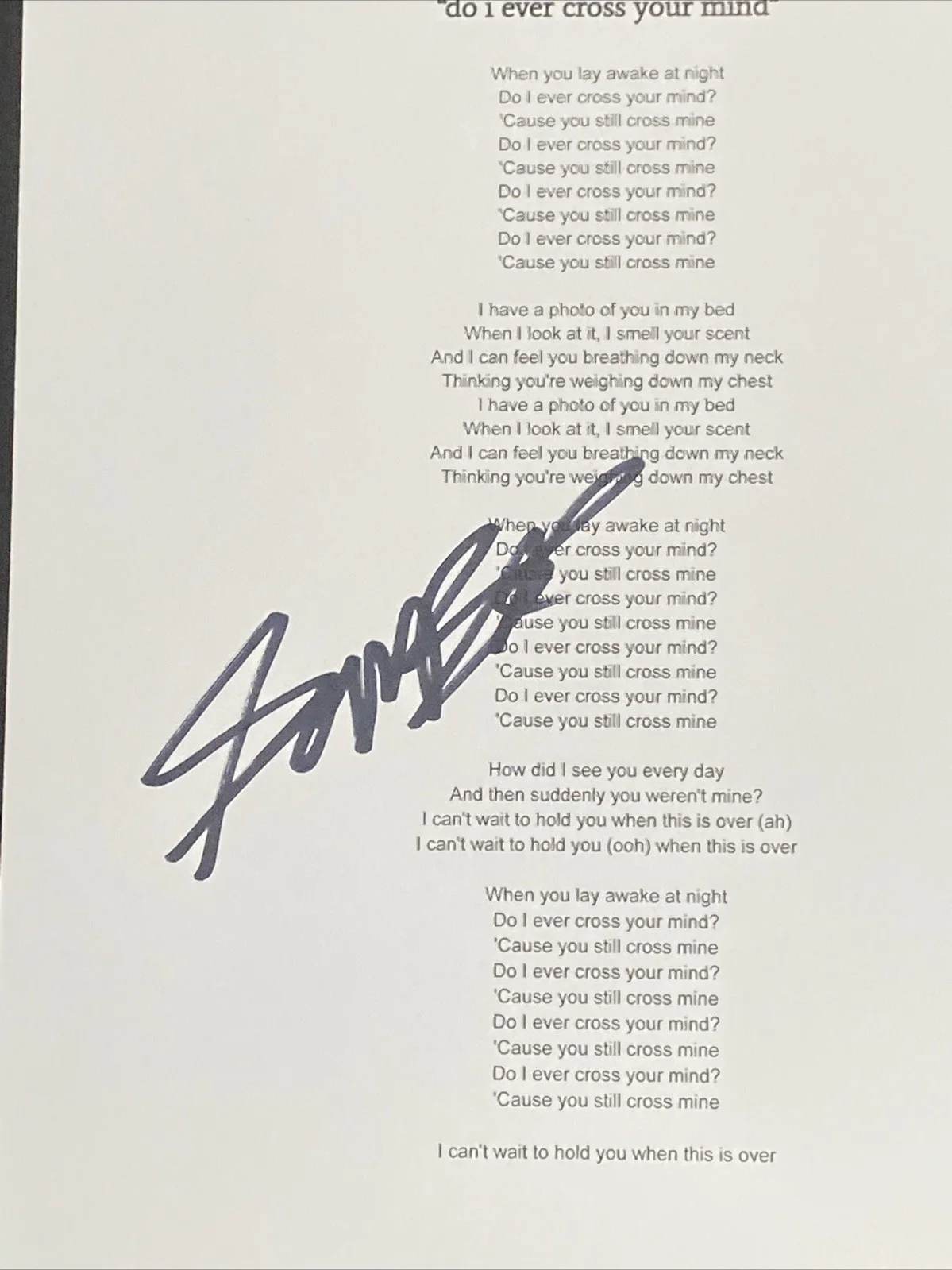 Sombr Autographed Lyric Sheet "Do I Ever Cross Your Mind" Pop Music Star Shane, image 2