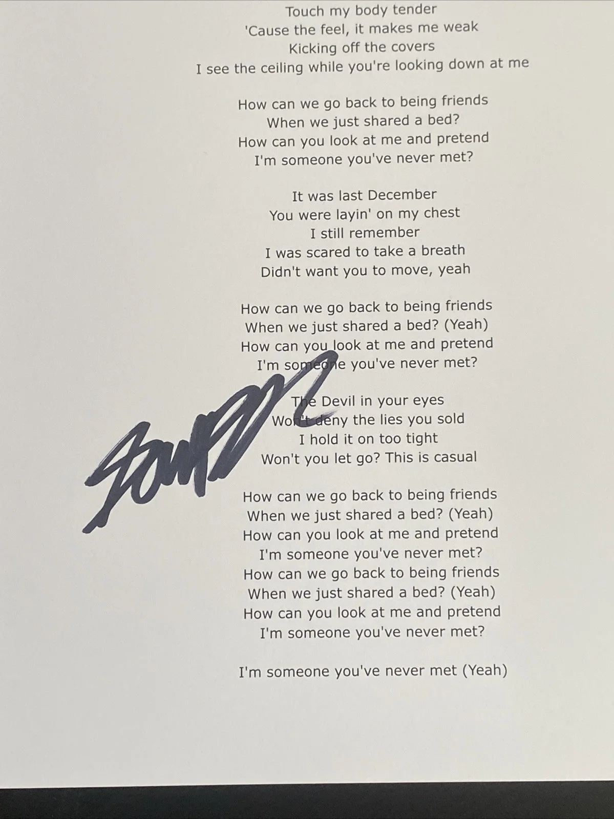Sombr Autographed Lyric Sheet "Back To Friends" Pop Music Star Shane Boose, image 2
