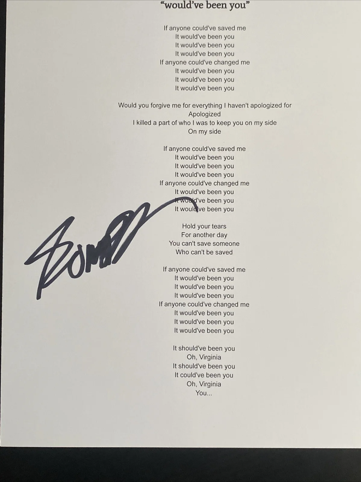 Sombr Autographed Lyric Sheet "Would’ve Been You" Pop Music Star Shane, изображение 2