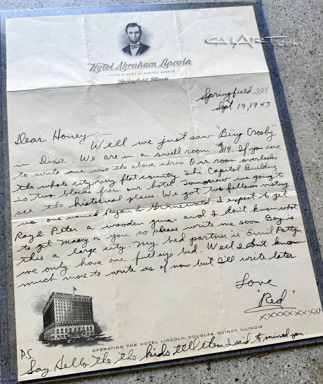 RED SKELTON — 1943 Red Skelton Handwritten Letter Signed "Red" PSA LOA Hotel Abraham Lincoln, image 2