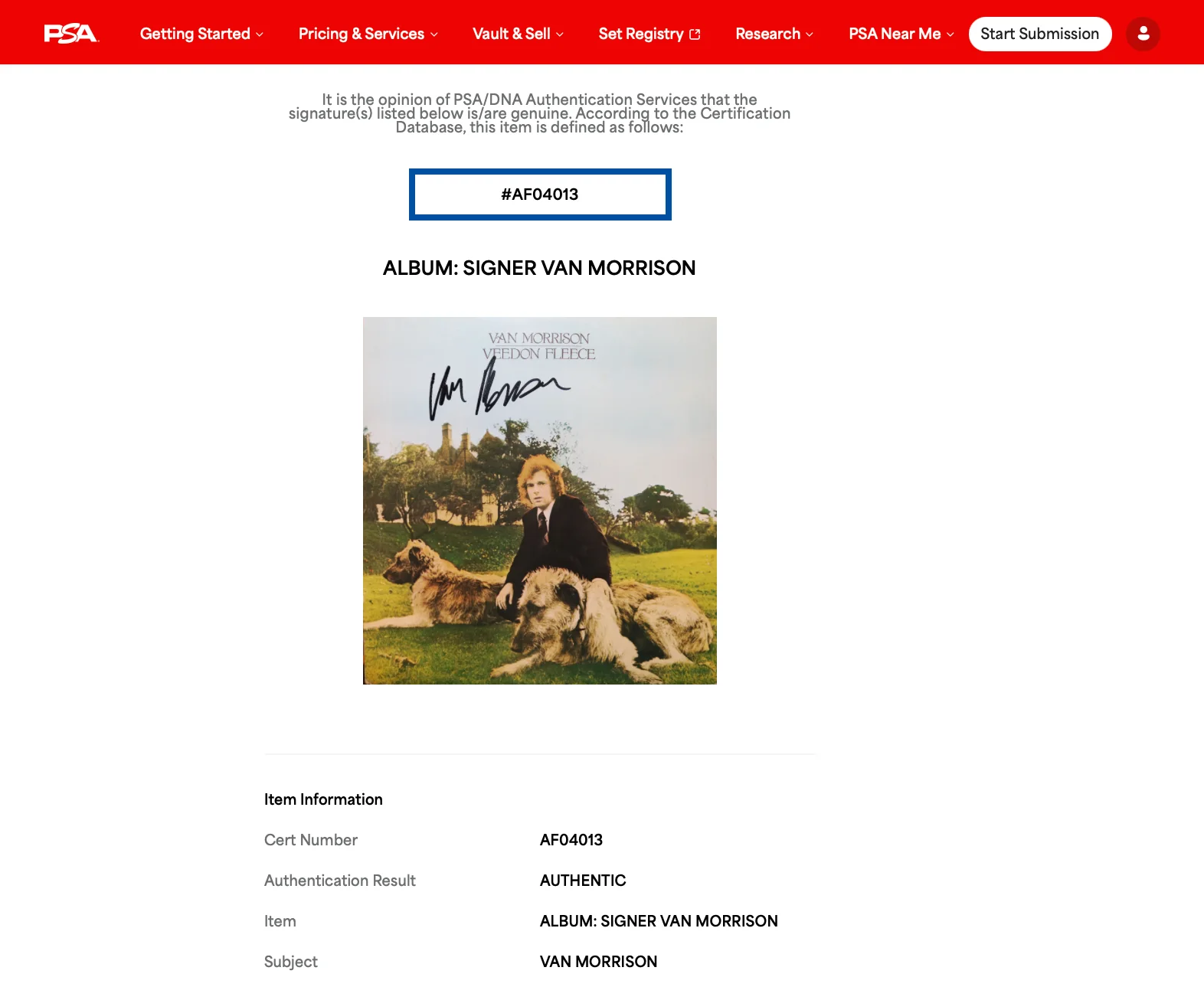 VAN MORRISON SIGNED VEEDON FLEECE VINYL RECORD PSA LOA AF04013, image 5