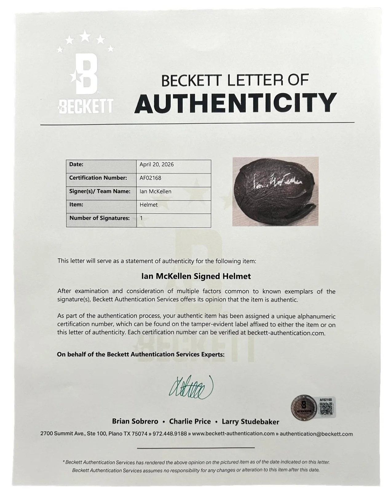Ian McKellen — Ian McKellen Signed Magneto X-Men Days of Future Past Mini Helmet (Beckett LOA), image 2