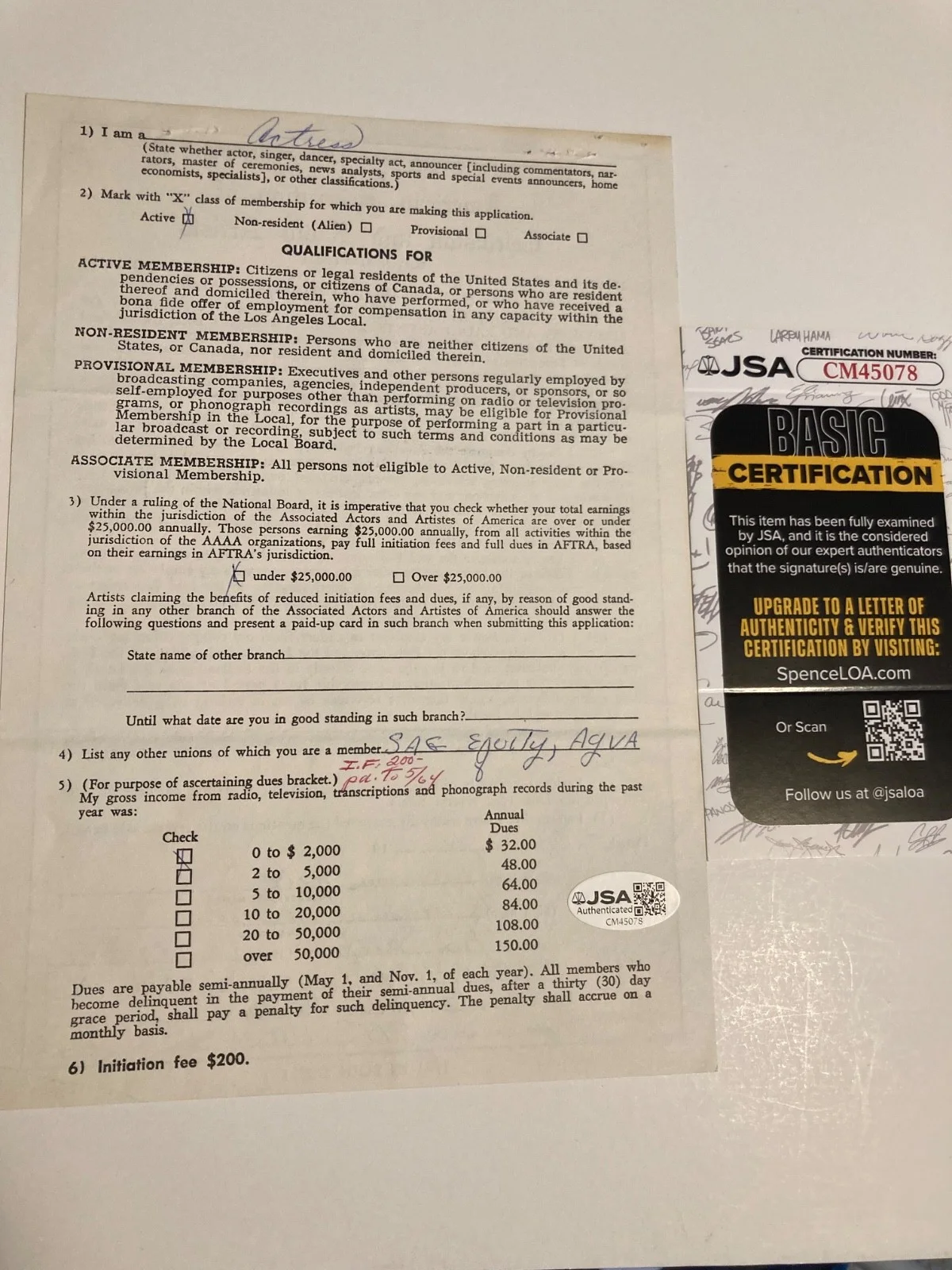 JEANNINE RILEY — JEANNINE RILEY signed 6x9 AFTRA MEMBERSHIP "PETTICOAT JUNCTION" JSA#CM45078, изображение 2