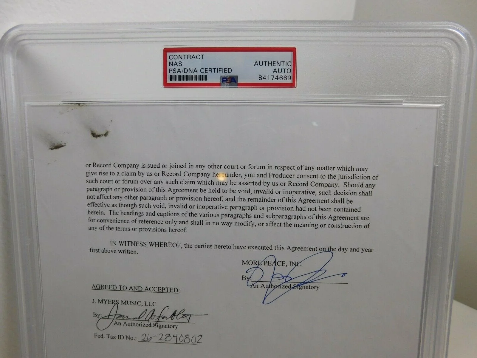 Signed NAS Record Contract Page PSA Encapsulated Rap Legend w/ J. Myers Rapper A, изображение 2