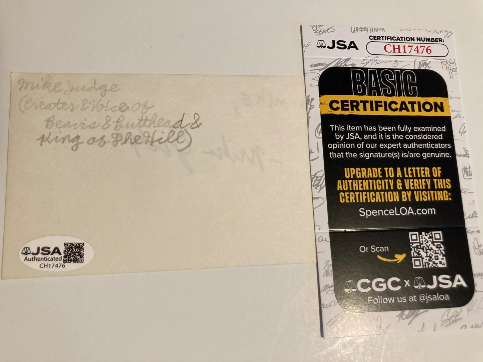 MIKE JUDGE — MIKE JUDGE signed 3x5 card "FAMILY GUY", "BEAVIS AND BUTT-HEAD" JSA #CH17476, изображение 2