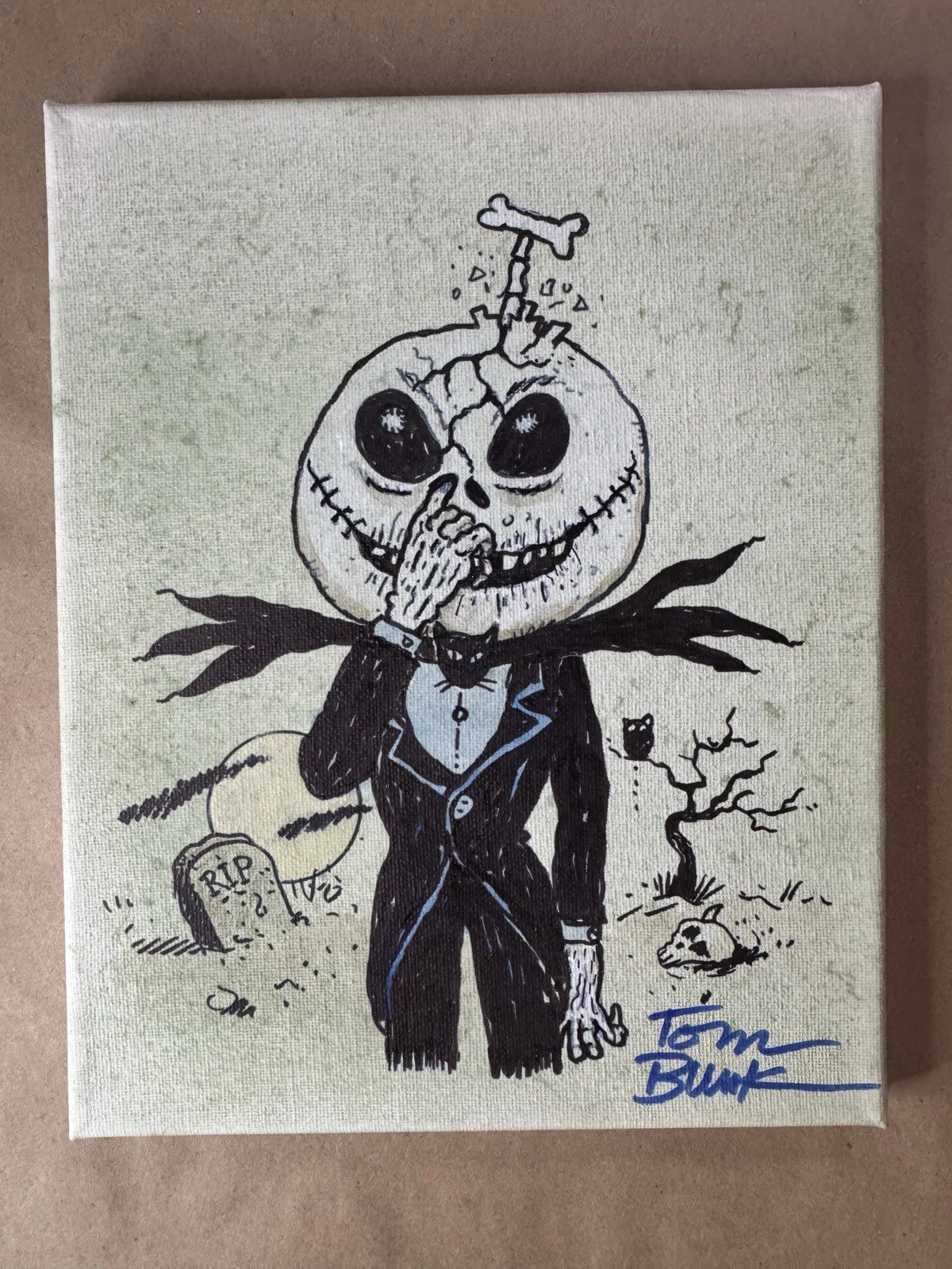 Tom Bunk — Tom Bunk Sketched Garbage Pail Kids 8"x10" Canvas Jack Skellington NBC BAS COA, image 2