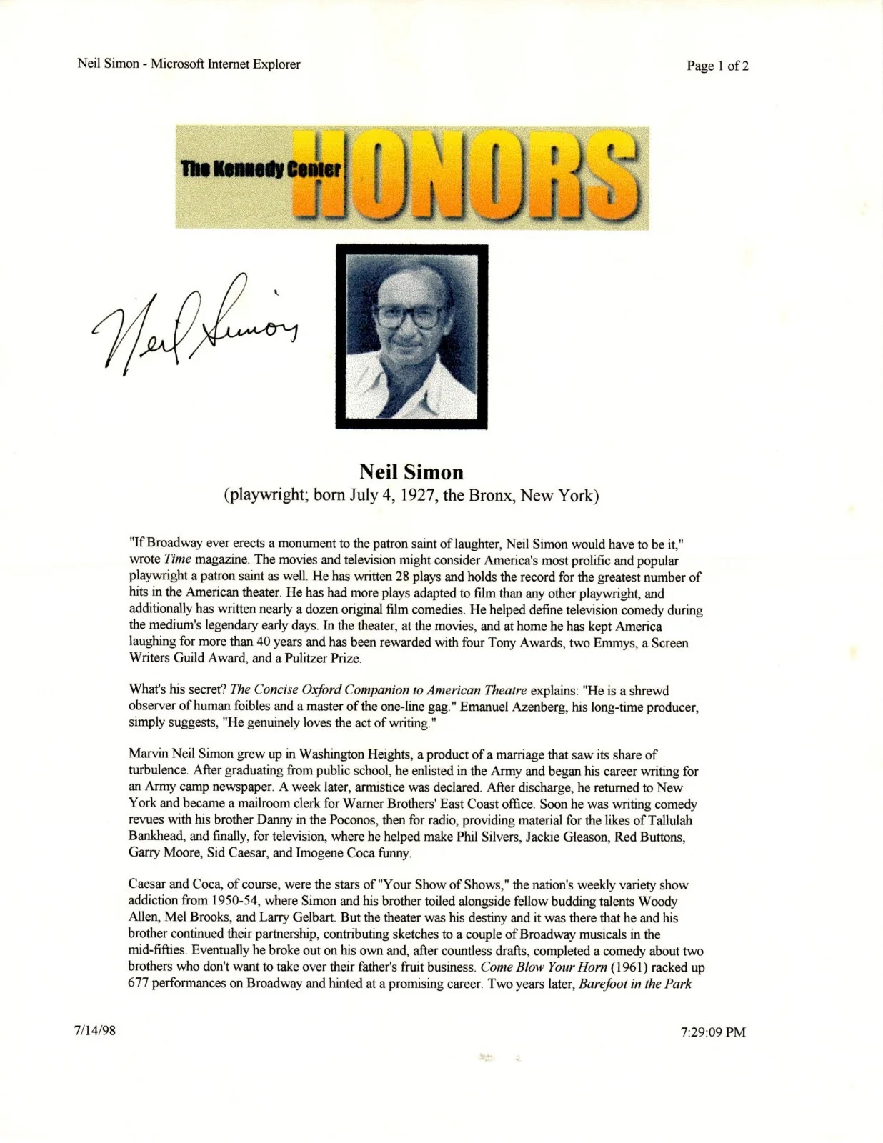 Neil Simon — Playwright NEIL SIMON Autograph 1998 Signed Typed Biographical Entry with COA, image 2