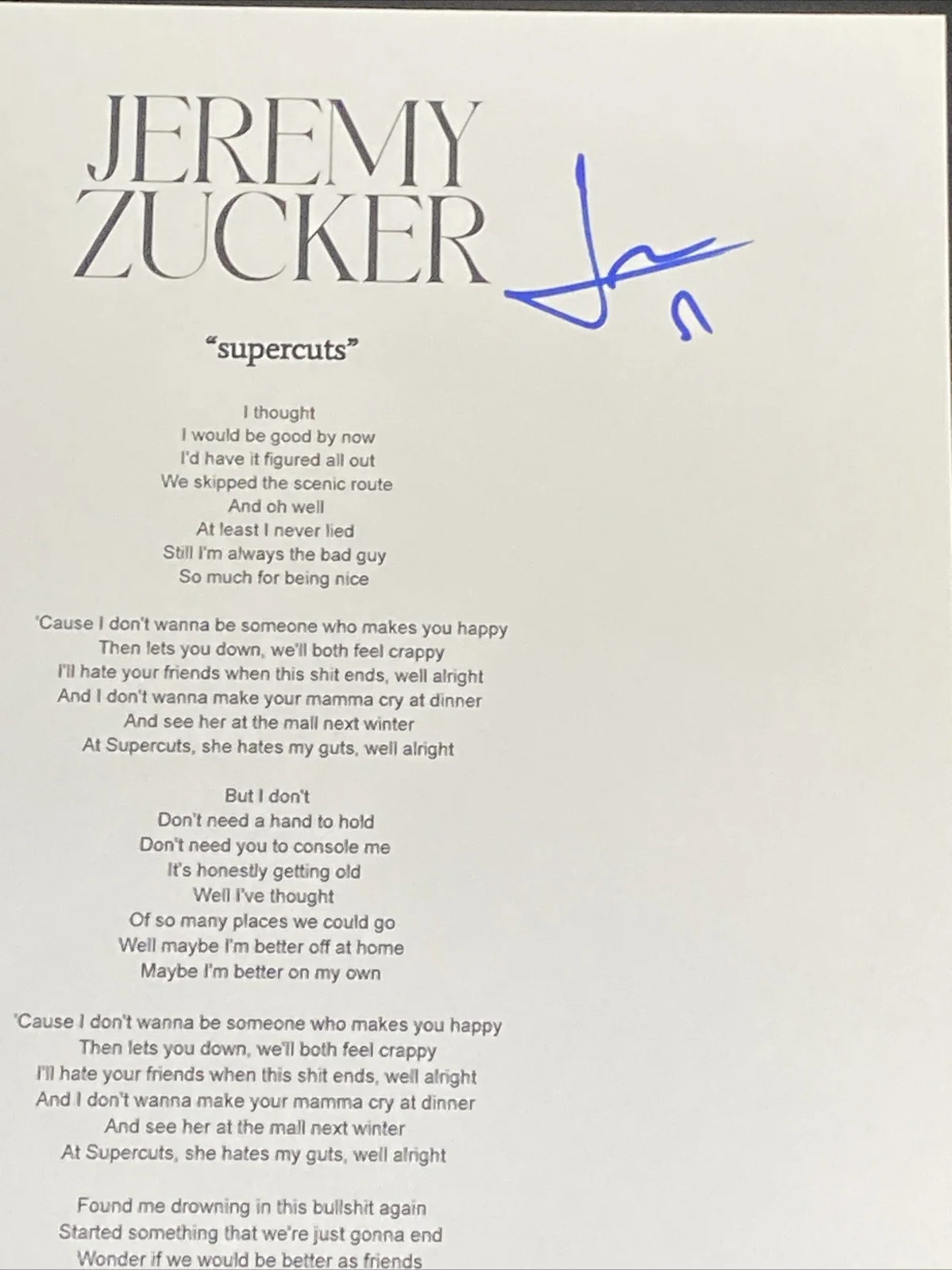 Jeremy Zucker Autographed Lyric Sheet ‘Supercuts’ Pop Star, image 2