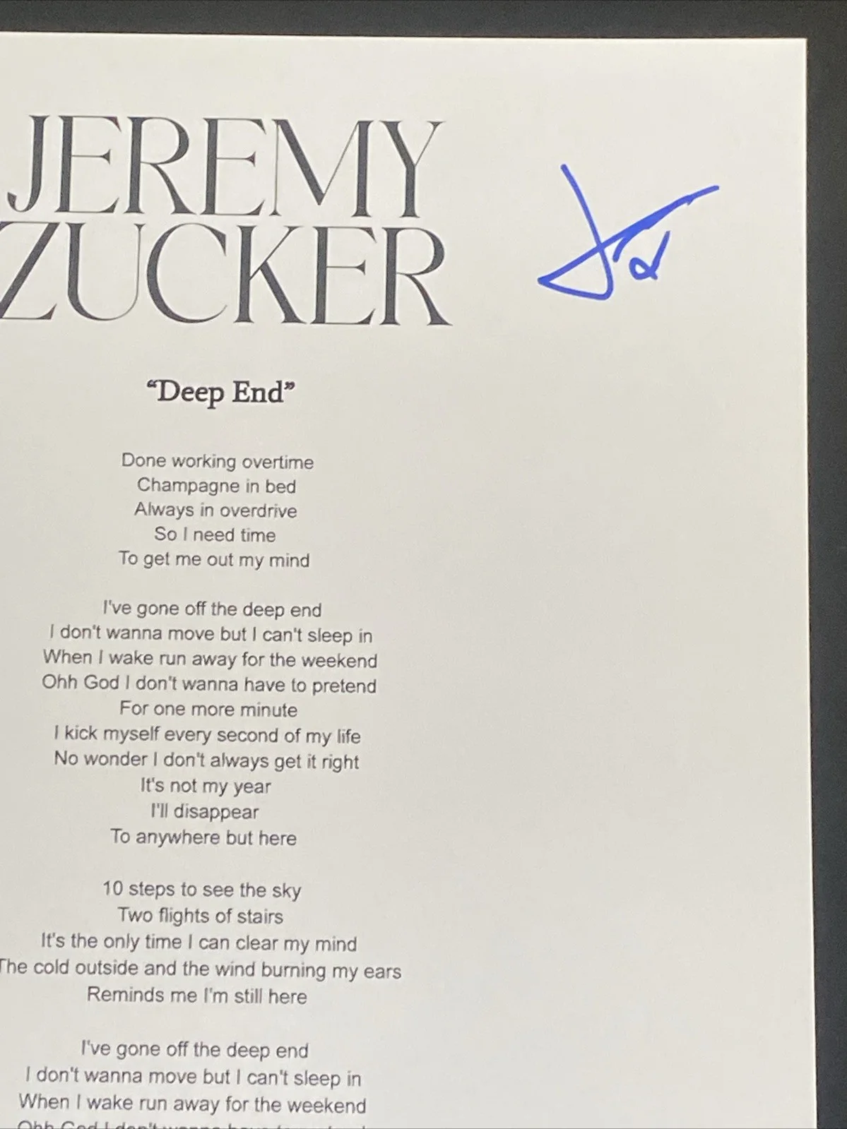 Jeremy Zucker Autographed Lyric Sheet ‘Deep End’ Pop Star, image 2