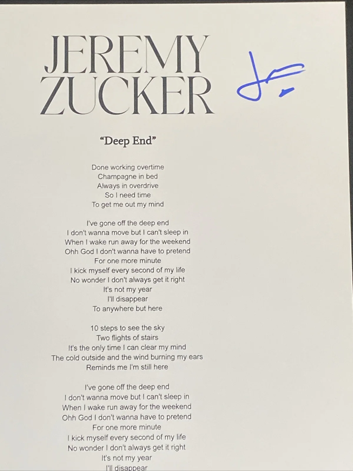 Jeremy Zucker Autographed Lyric Sheet ‘Deep End’ Pop Star, image 2