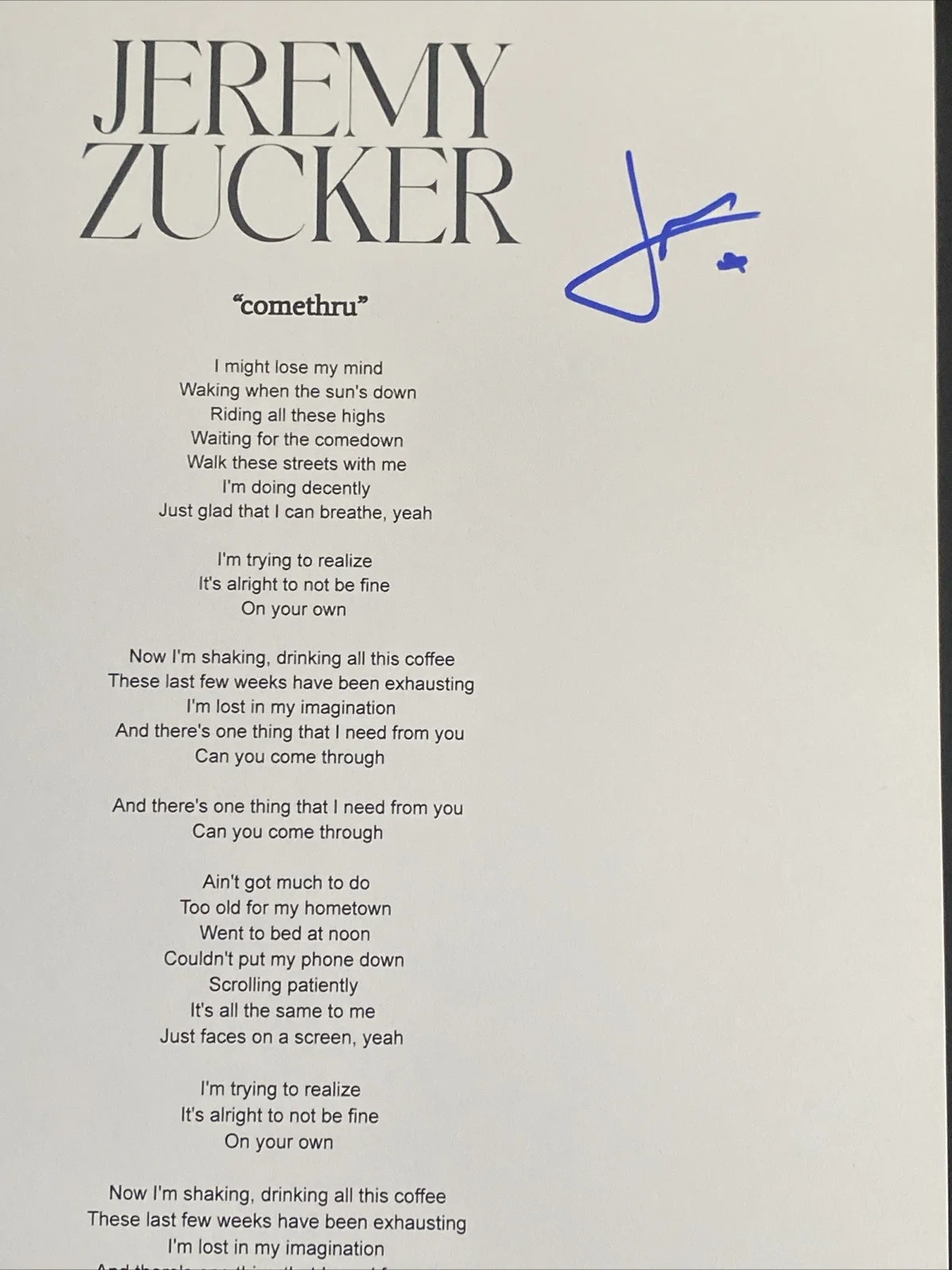 Jeremy Zucker Autographed Lyric Sheet ‘Comethru’ Pop Star, image 2