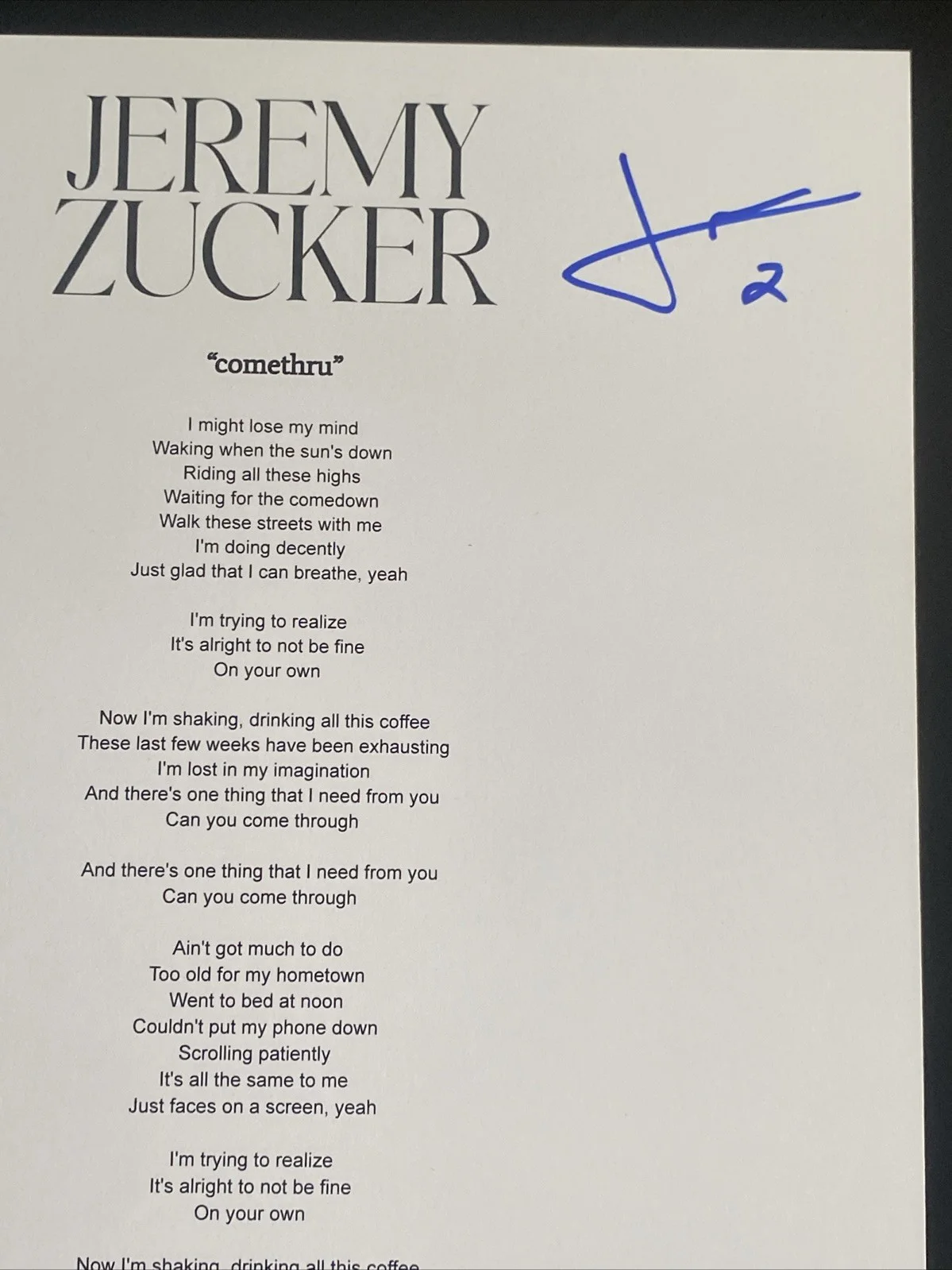 Jeremy Zucker Autographed Lyric Sheet ‘Comethru’ Pop Star, image 2