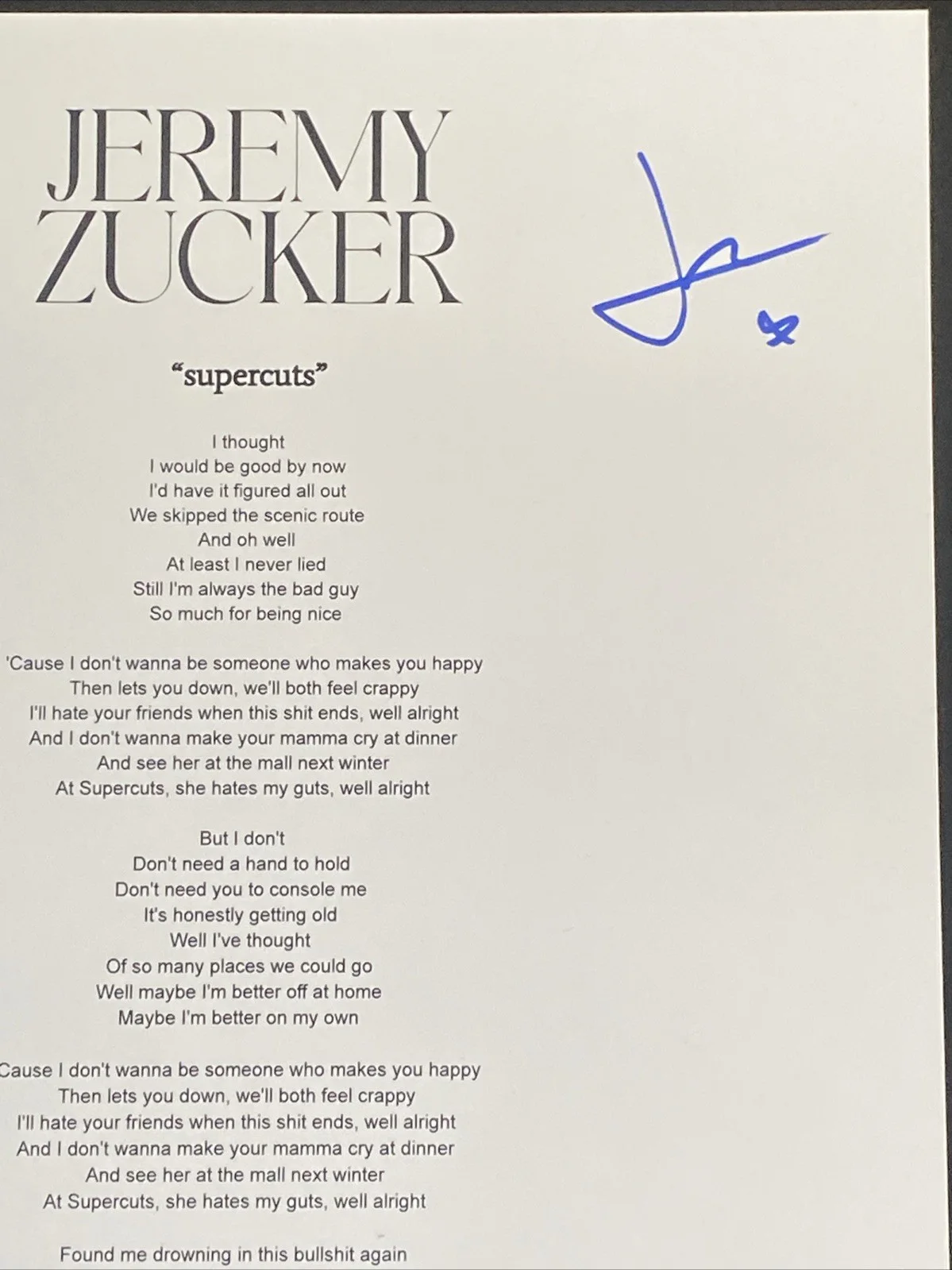 Jeremy Zucker Autographed Lyric Sheet ‘Supercuts’ Pop Star, image 2