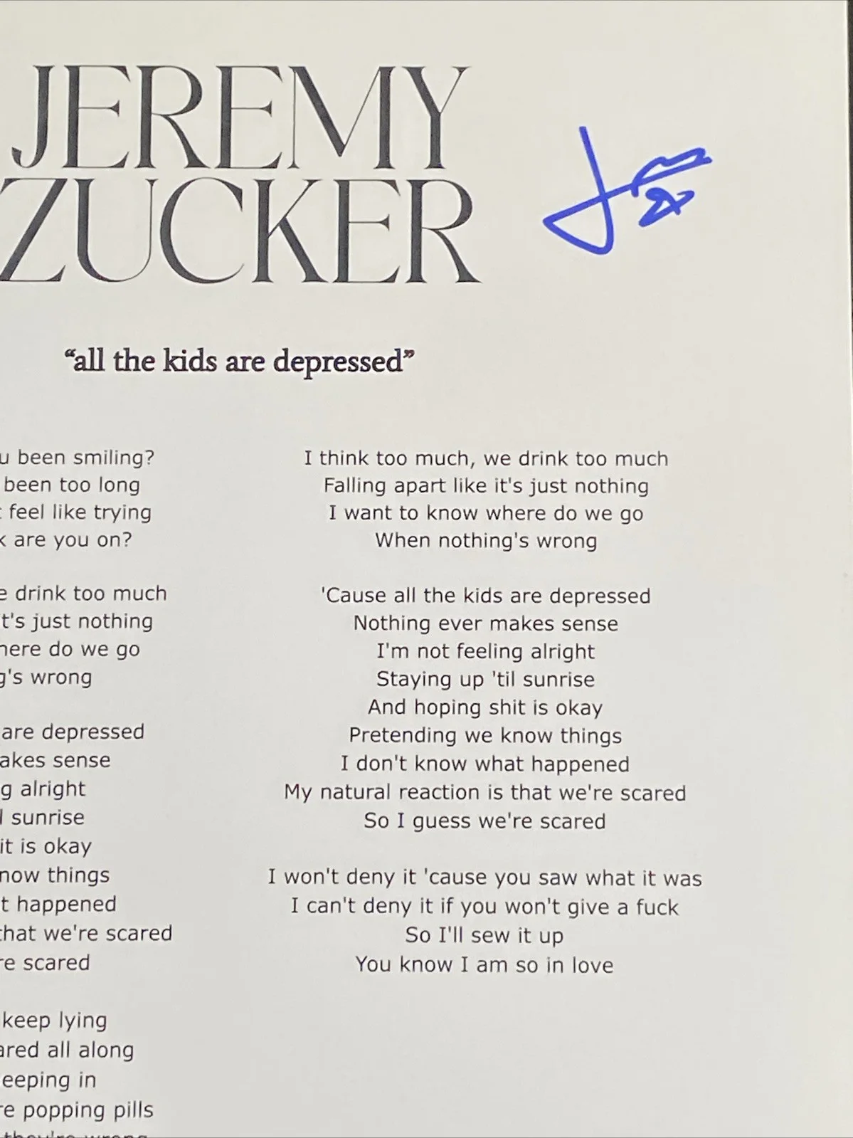 Jeremy Zucker Autographed Lyric Sheet ‘All The Kids Are Depressed’ Pop Star, изображение 2