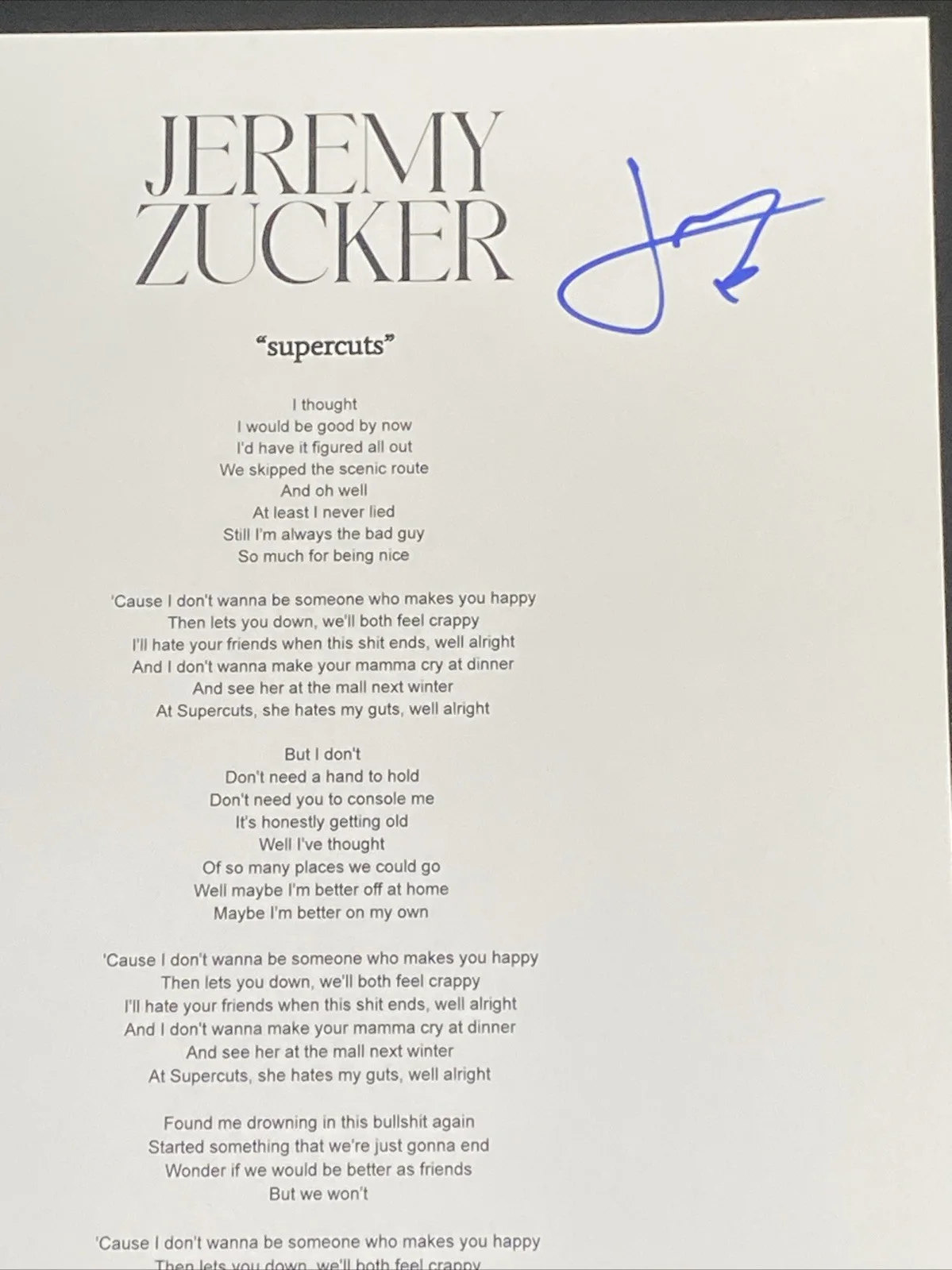 Jeremy Zucker Autographed Lyric Sheet ‘Supercuts’ Pop Star, изображение 2