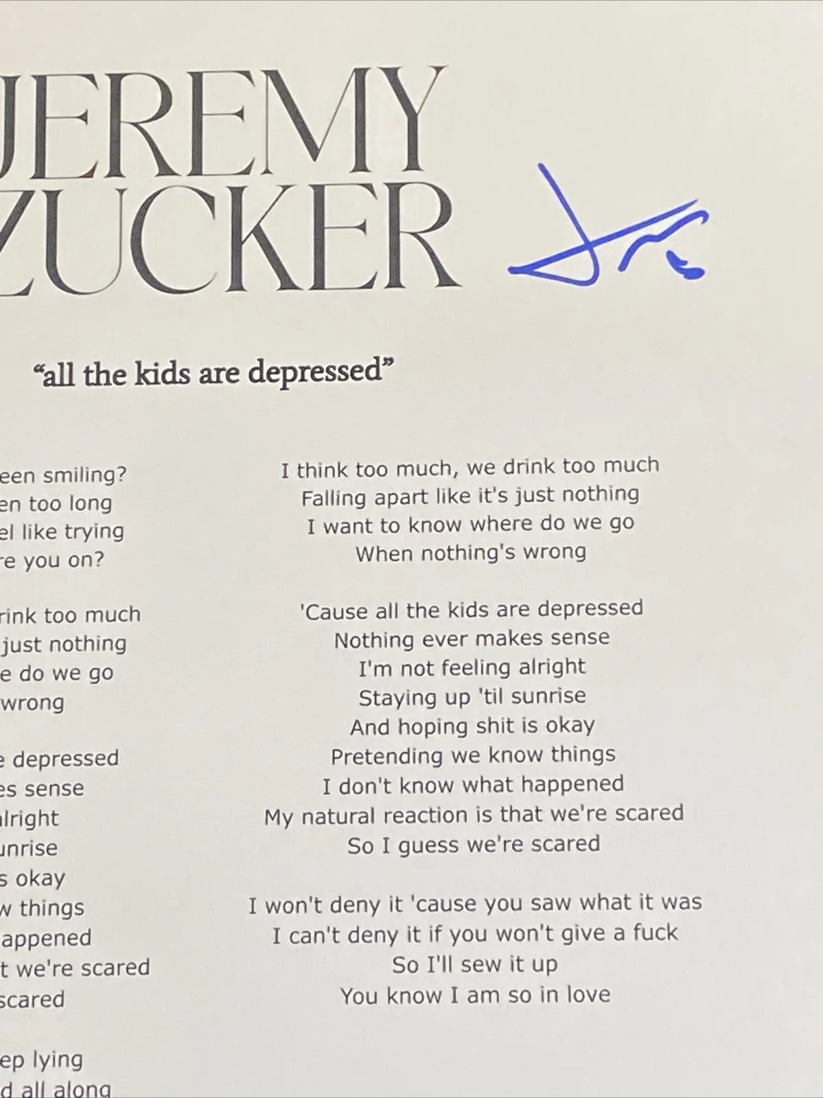 Jeremy Zucker Autographed Lyric Sheet ‘All The Kids Are Depressed’ Pop Star, изображение 2