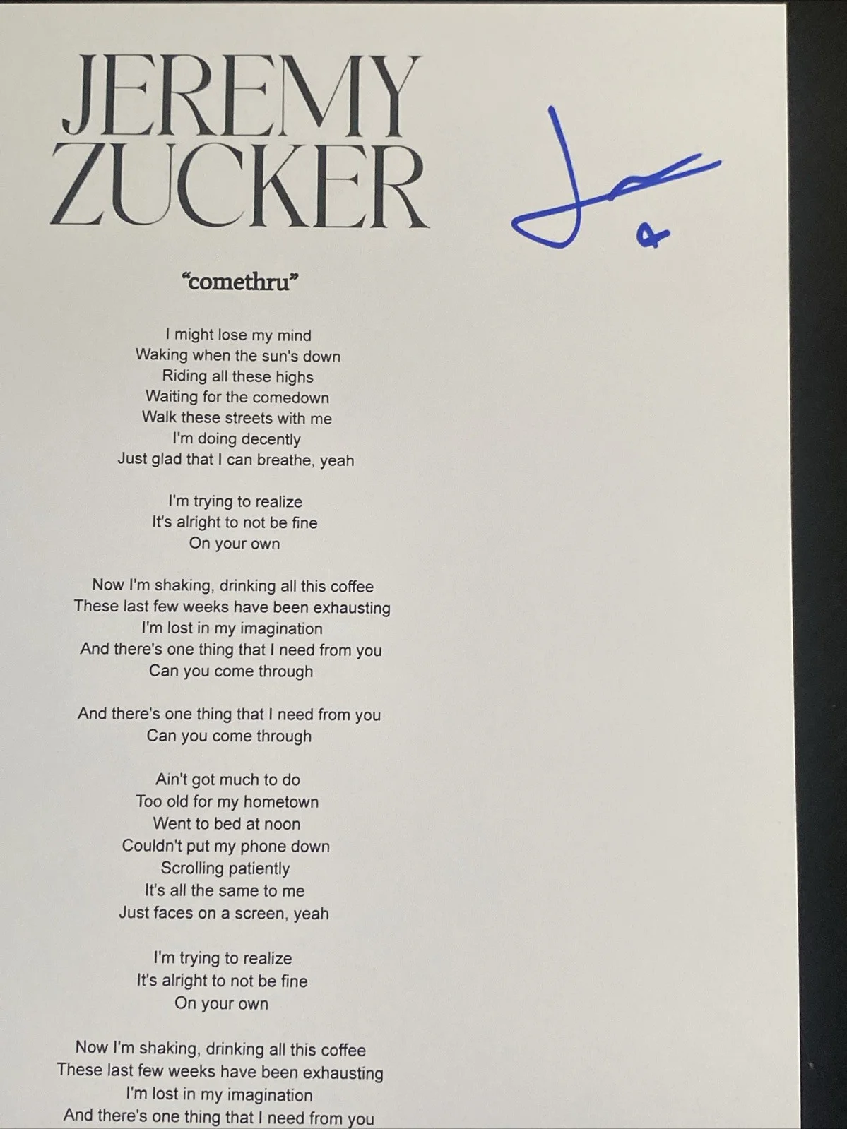 Jeremy Zucker Autographed Lyric Sheet ‘Comethru’ Pop Star, изображение 2