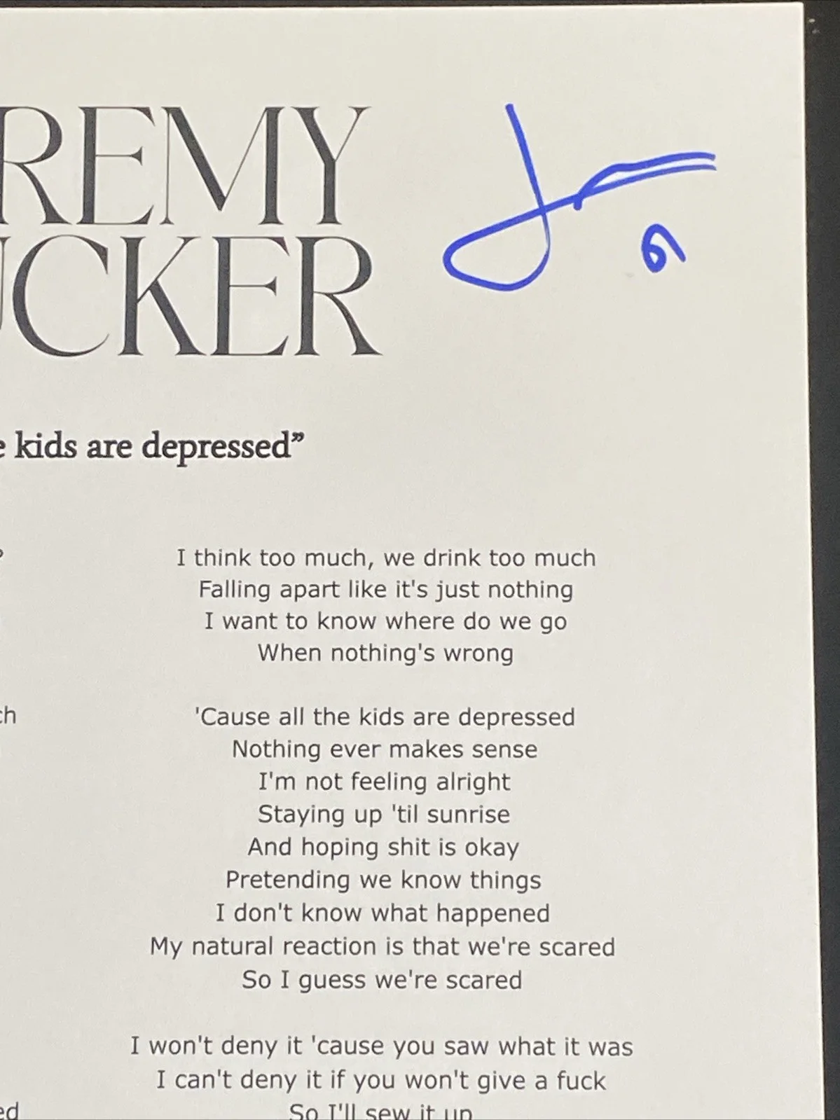 Jeremy Zucker Autographed Lyric Sheet ‘All The Kids Are Depressed’ Pop Star, изображение 2