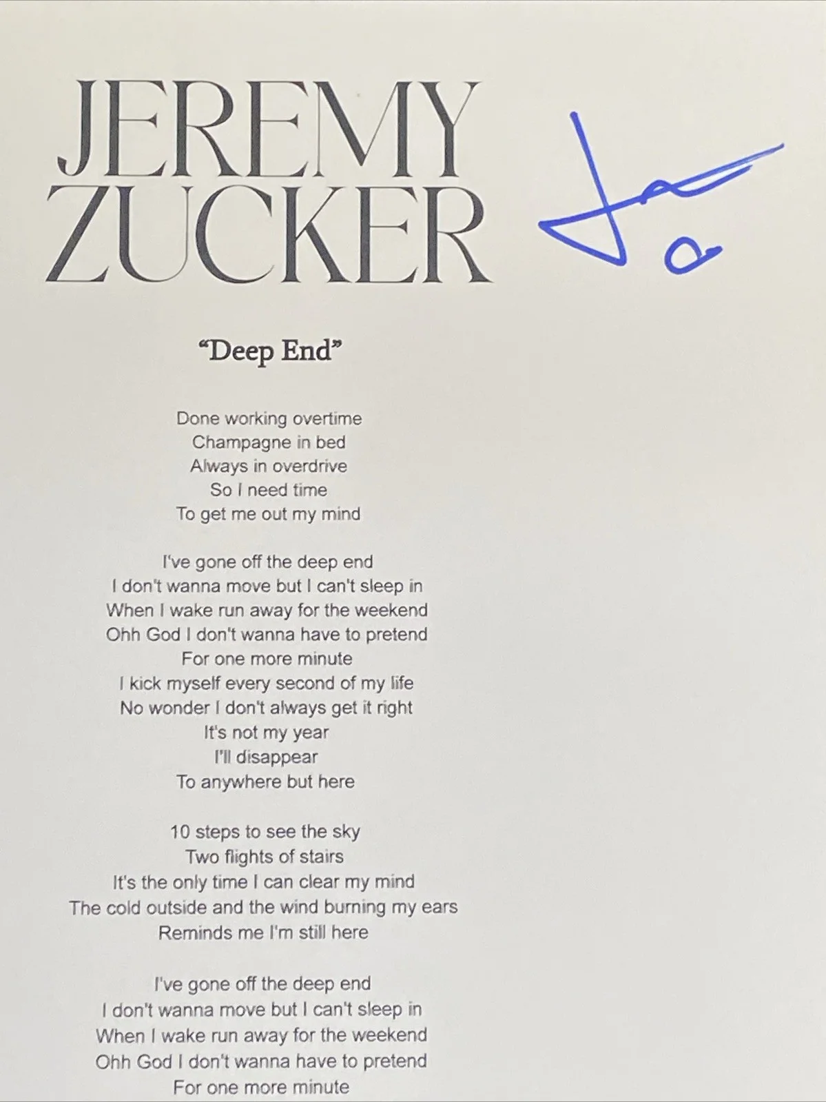 Jeremy Zucker Autographed Lyric Sheet ‘Deep End’ Pop Star, image 2