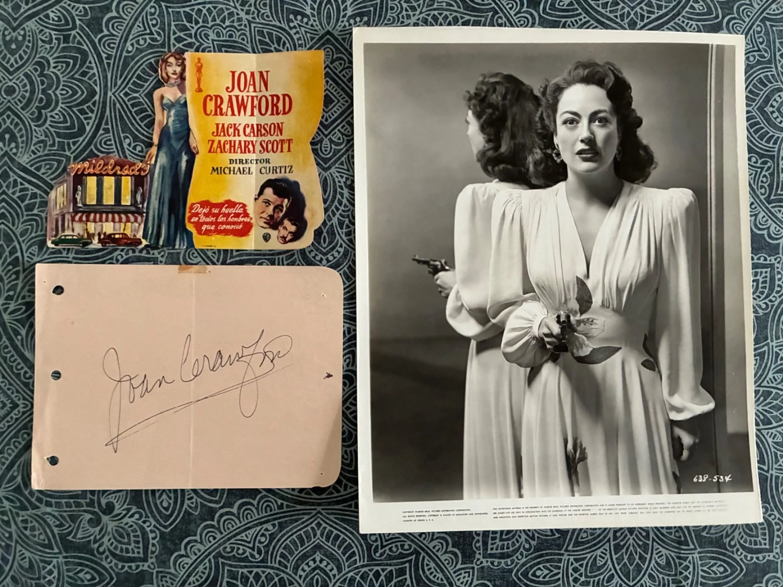 Joan Crawford — Joan Crawford SIGNED Autograph + MILDRED PIERCE 8x10 Linen Photo & Rare Promo