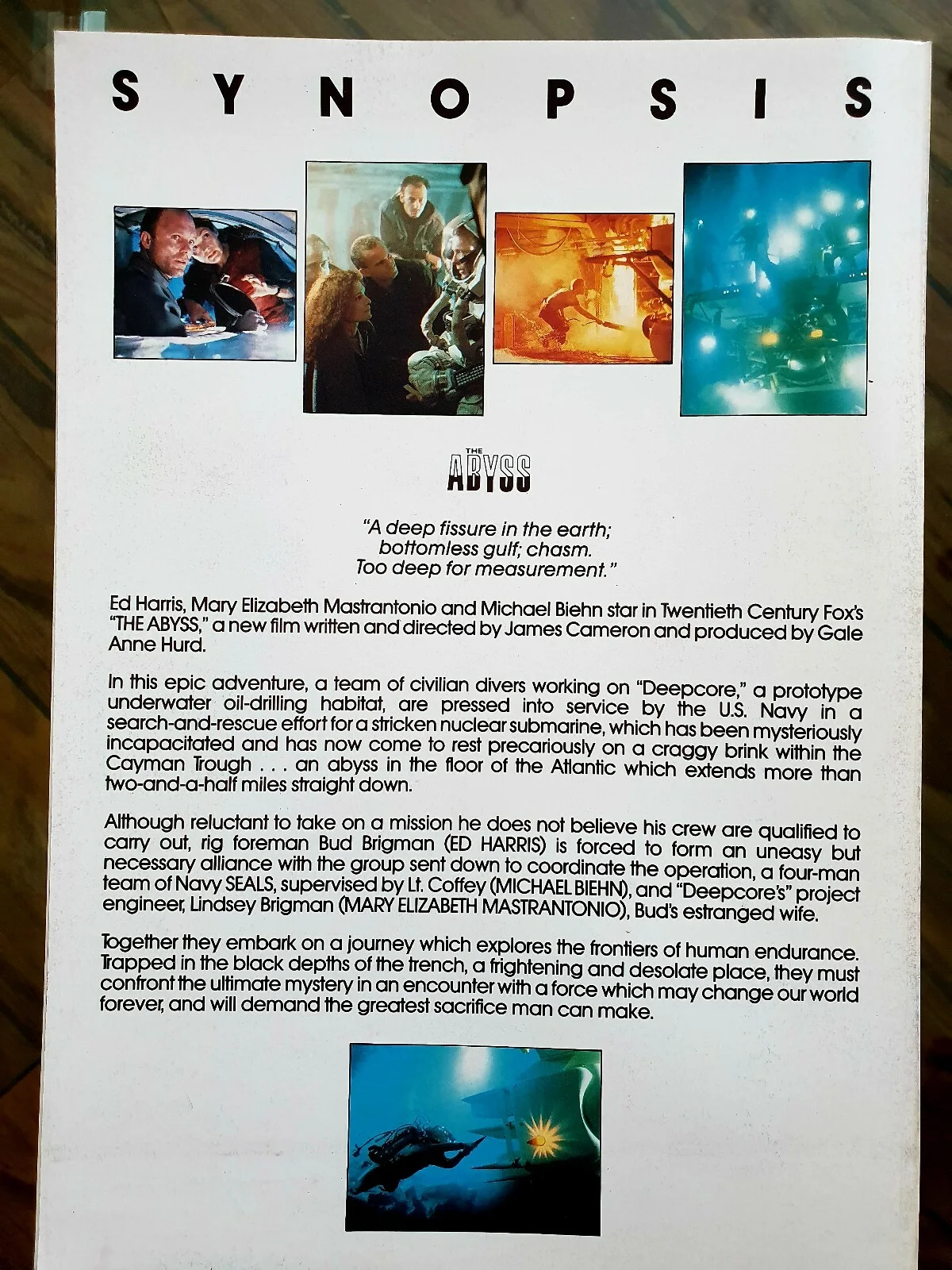 THE ABYSS - ORIGINAL HIGH QUALITY SYNOPSIS BOOKLET CARD - MICHAEL BIEHN, изображение 2