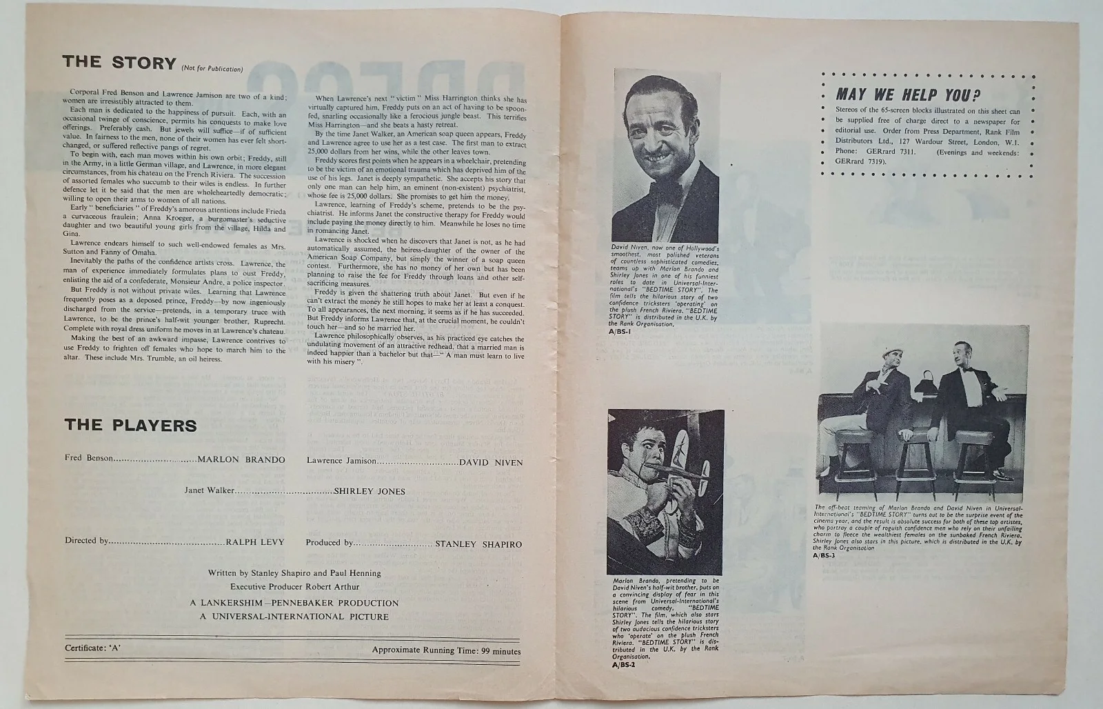MARLON BRANDO - BEDTIME STORY - VINTAGE 1964 PRESS INFO BOOKLET - DAVID NIVEN, изображение 2
