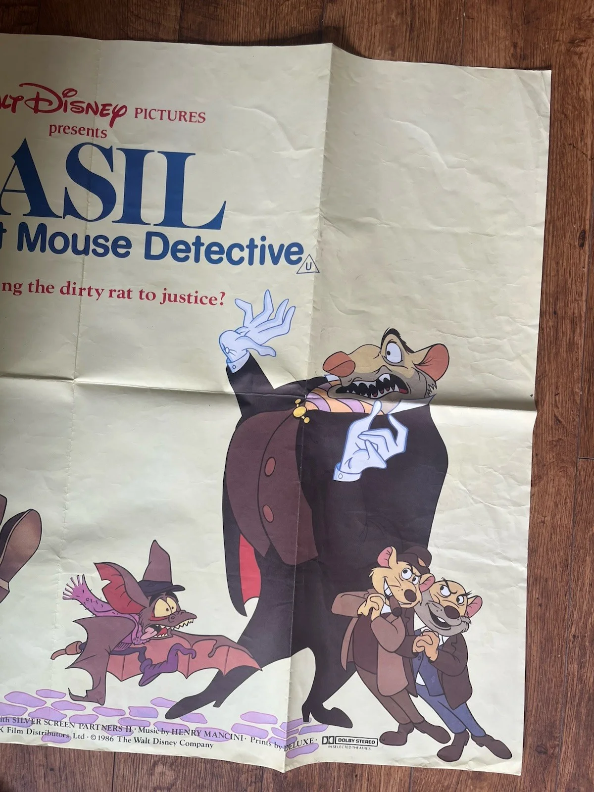 1986 ORIGINAL BASIL THE GREAT MOUSE DETECTIVE 30” x 40” QUAD FILM POSTER: DISNEY, изображение 3