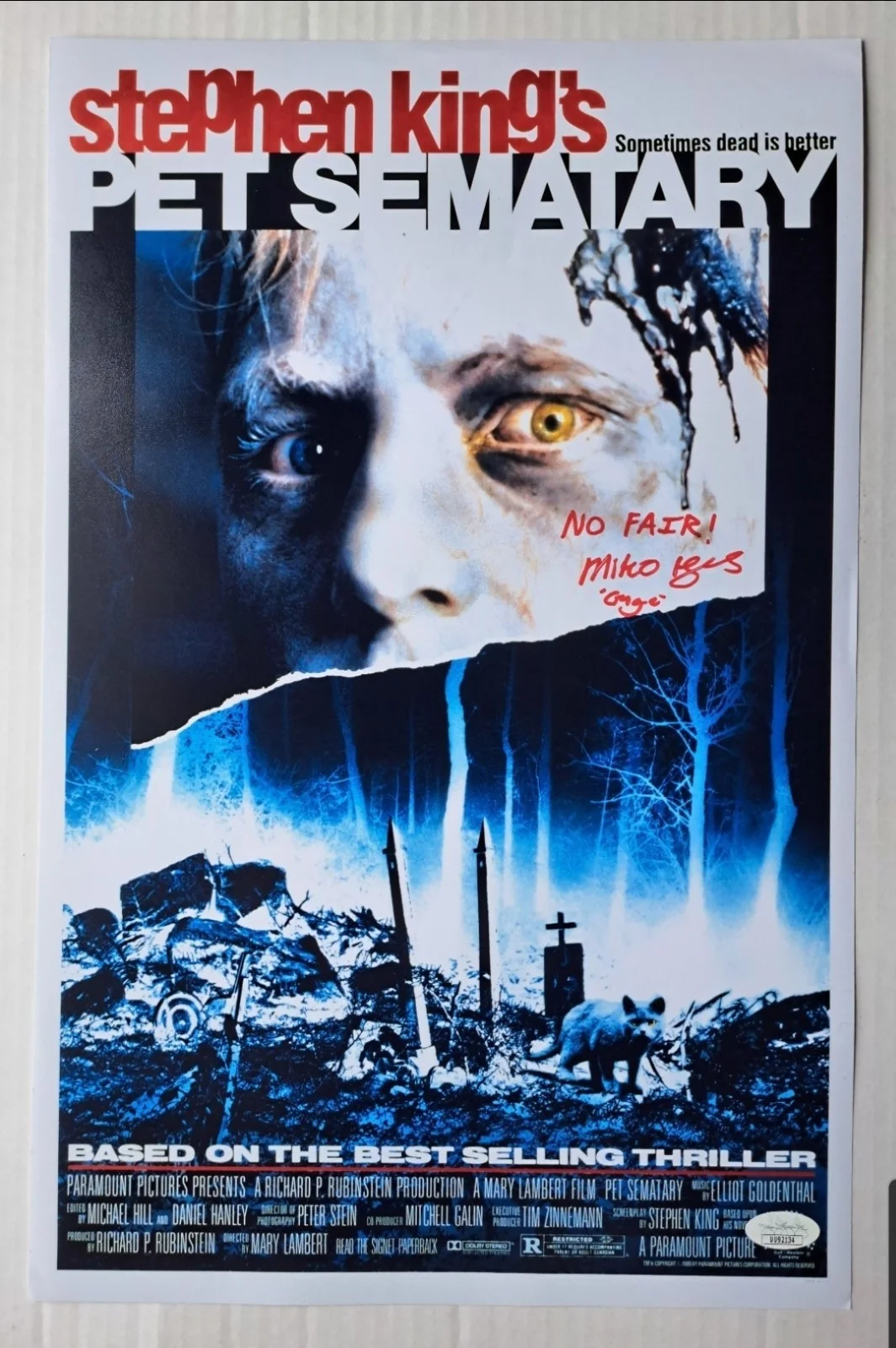 MIKO HUGHES Signed & Inscribed "Pet Sematary" 11x17 Mini Movie Poster Photo JSA, изображение 2