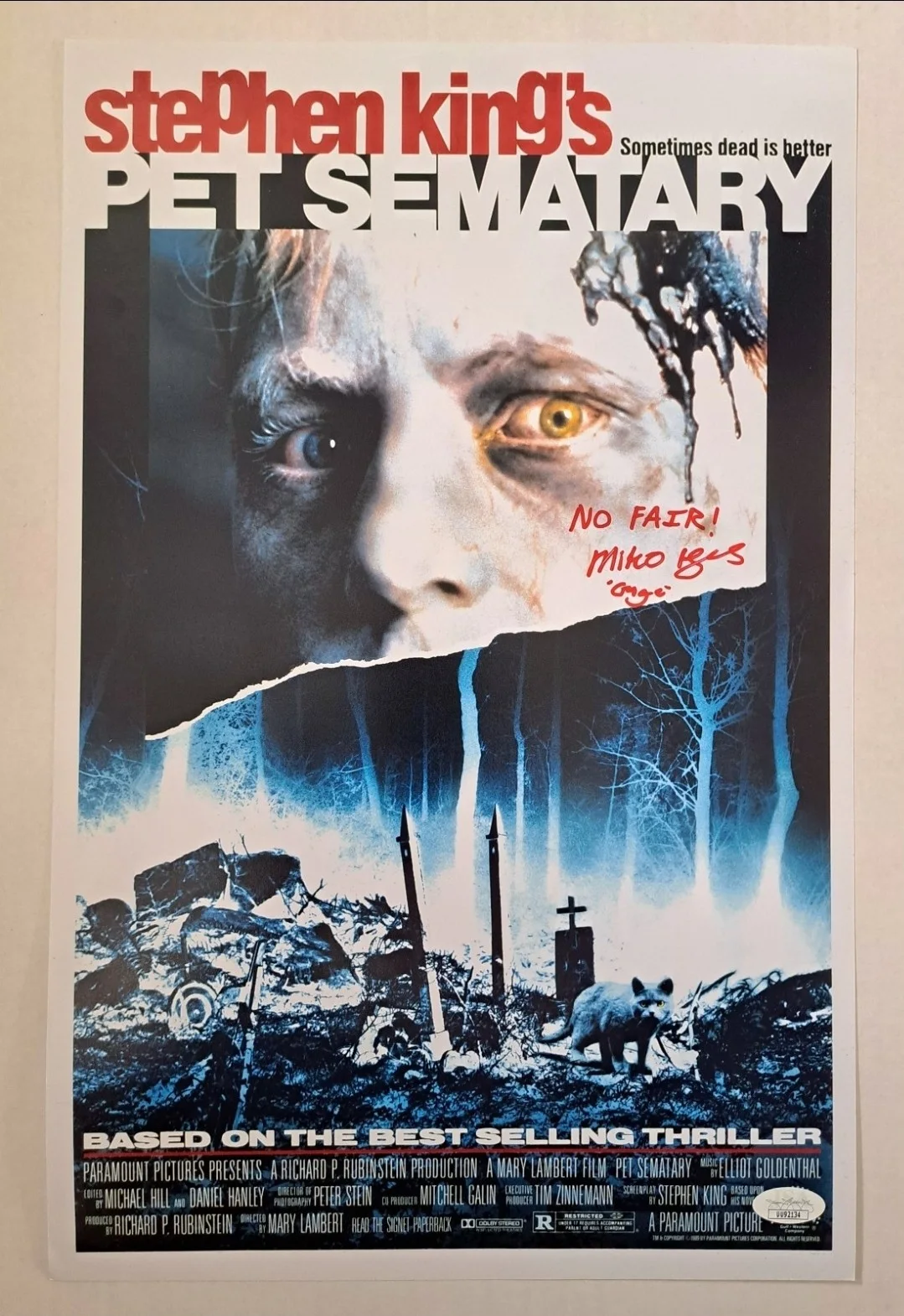 MIKO HUGHES Signed & Inscribed "Pet Sematary" 11x17 Mini Movie Poster Photo JSA, изображение 3