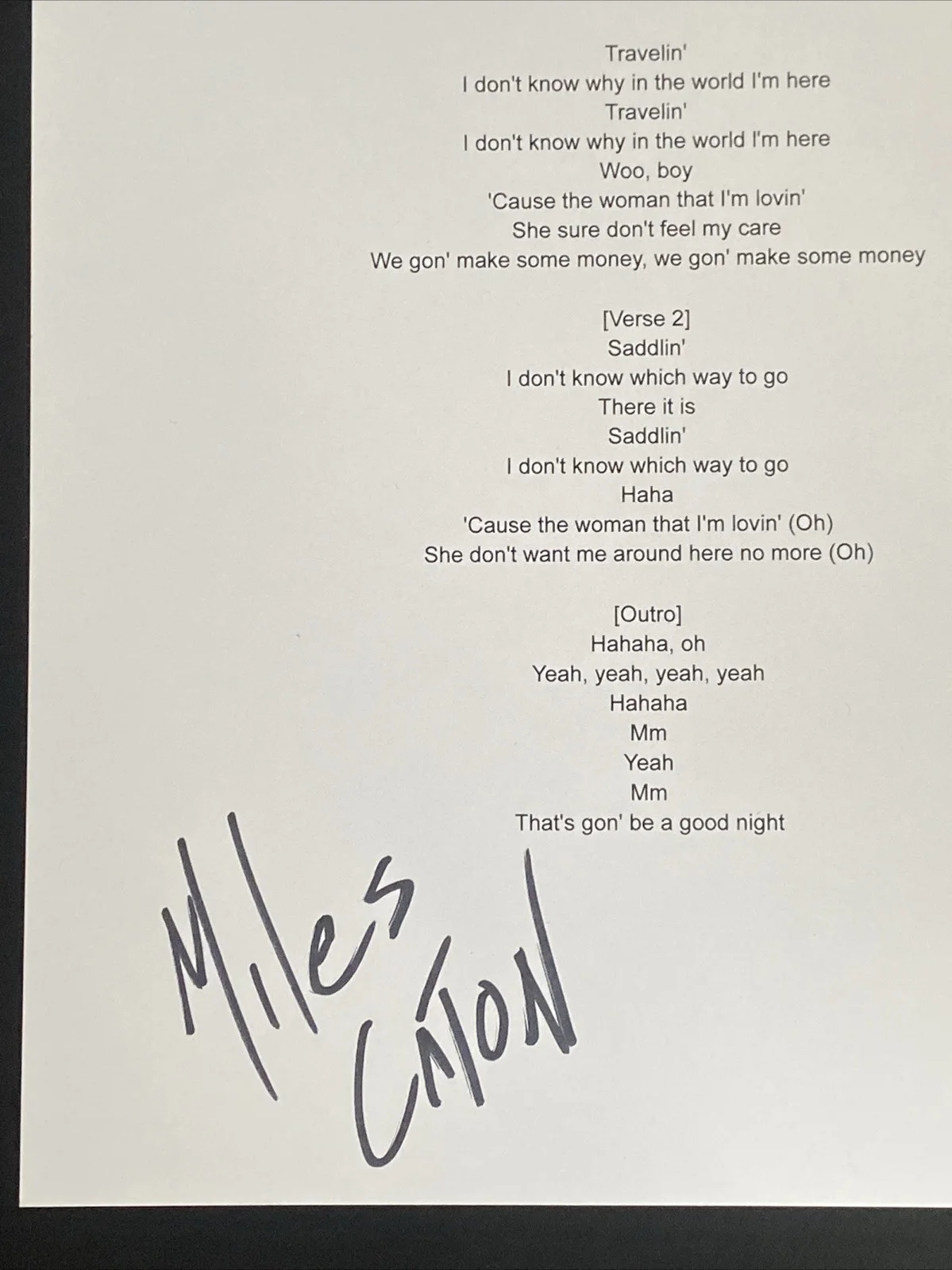 Miles Caton Autographed 'Travelin' Lyric Sheet Singer Actor Sinners, изображение 2