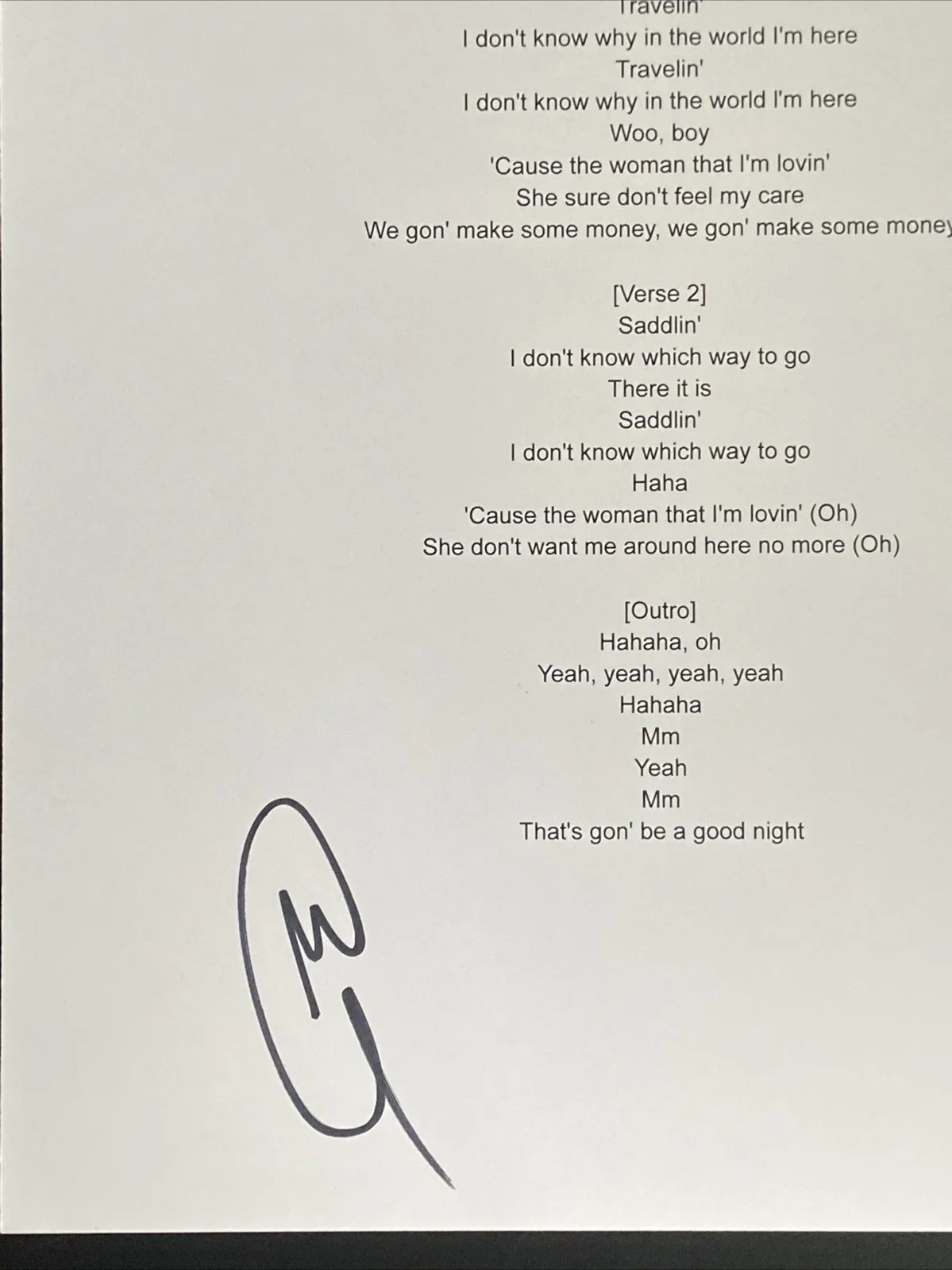 Miles Caton Autographed 'Travelin' Lyric Sheet Singer Actor Sinners, image 2
