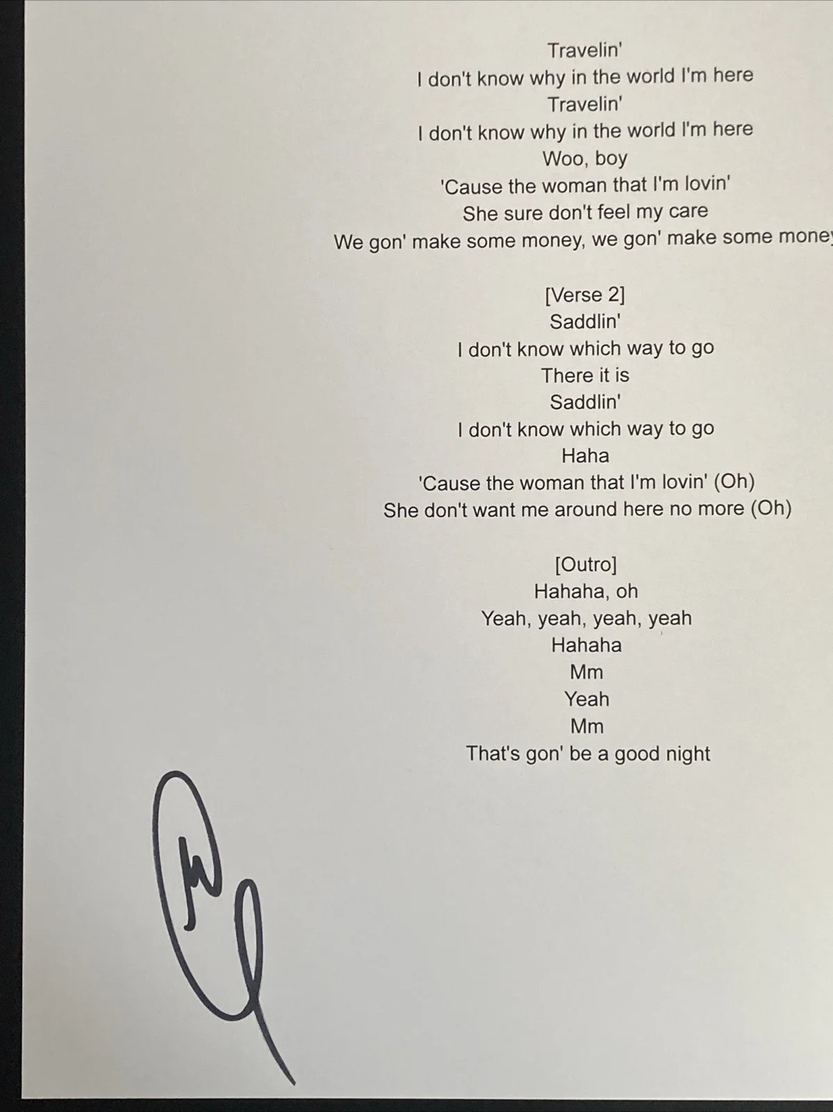 Miles Caton Autographed 'Travelin' Lyric Sheet Singer Actor Sinners, изображение 2