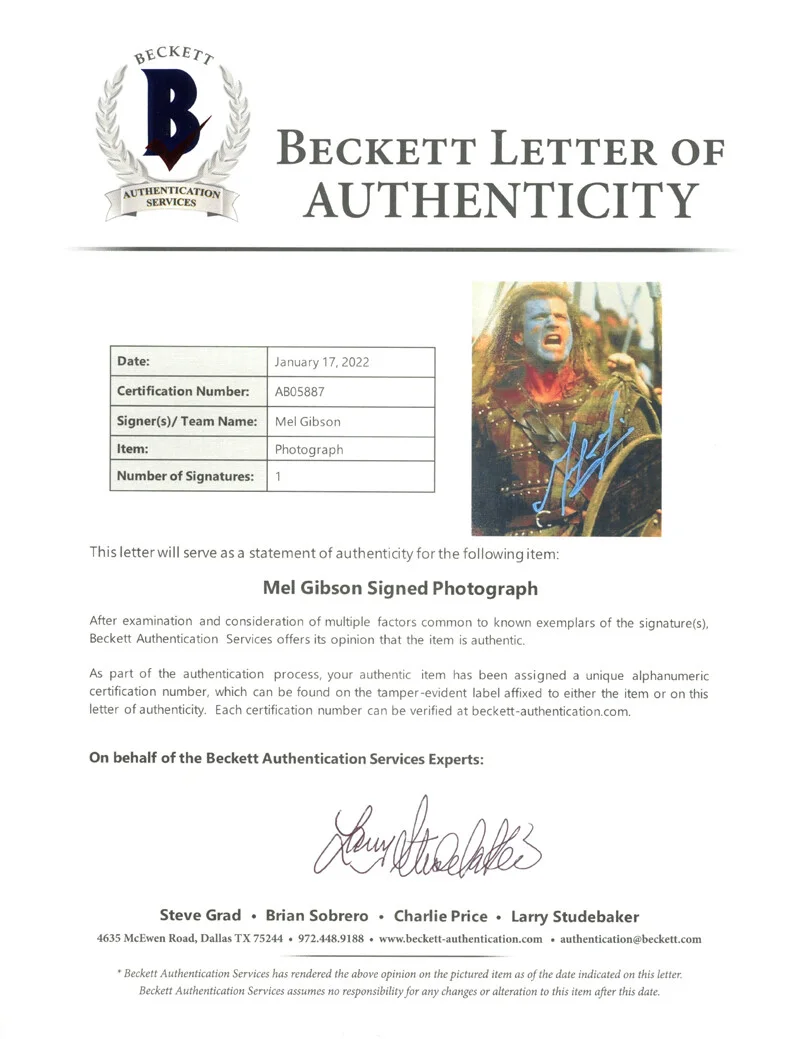 MEL GIBSON SIGNED AUTOGRAPHED 11x14 PHOTO WILLIAM WALLACE BRAVEHEART BECKETT BAS, image 3