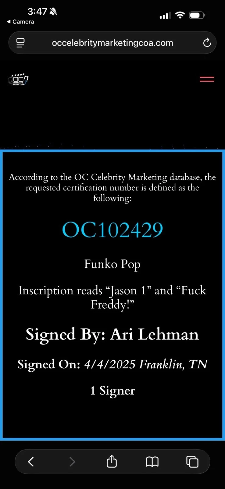 Ari Lehman — Ari Lehman Signed Quoted Funko Pop #01 Jason Voorhees Friday The 13th Horror, изображение 4