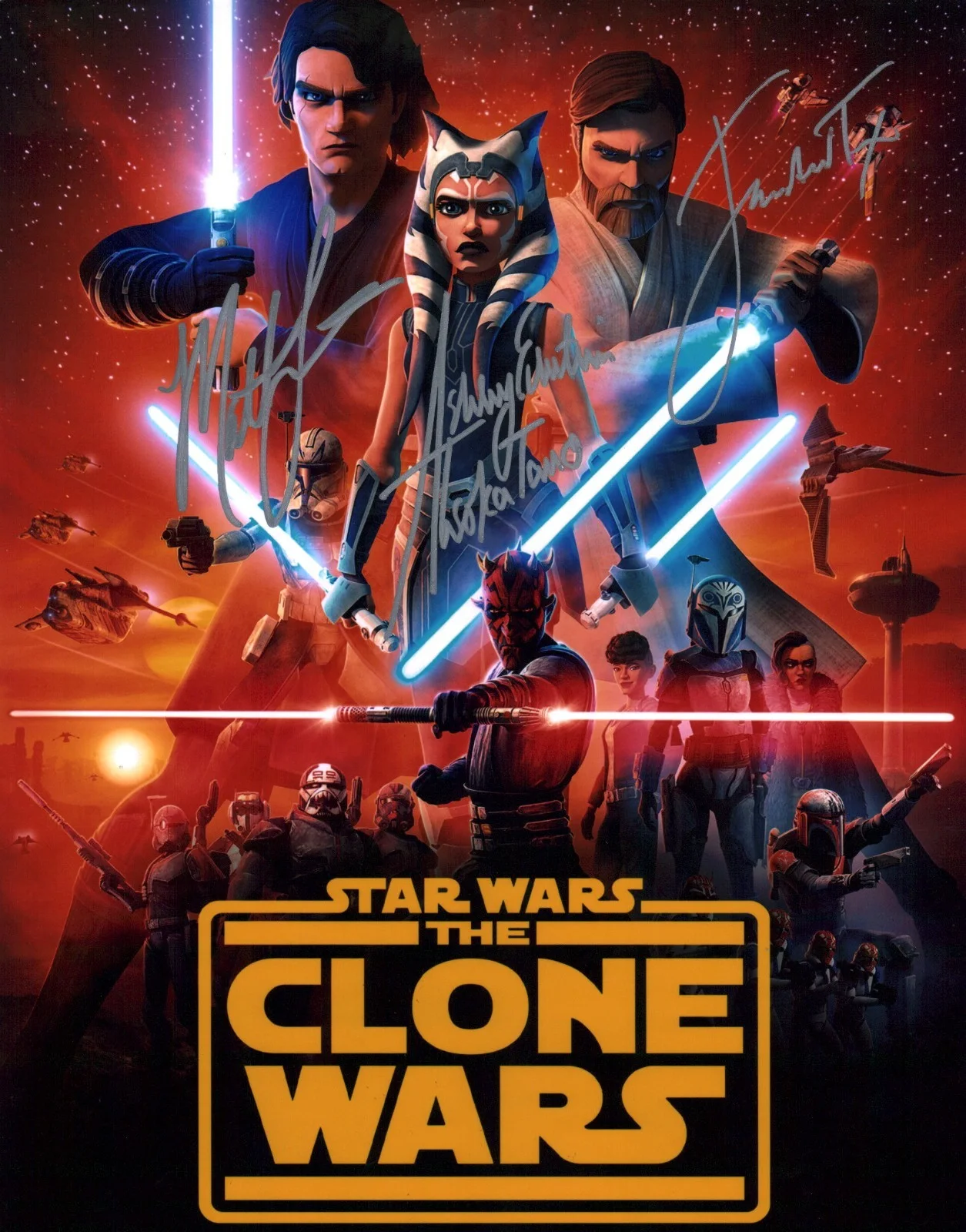Matt Lanter, Ashley Eckstein, James Arnold Taylor — Star Wars The Clones Wars 11x14 Poster Cast x3 Signed Lanter +2 JSA Cert Auto