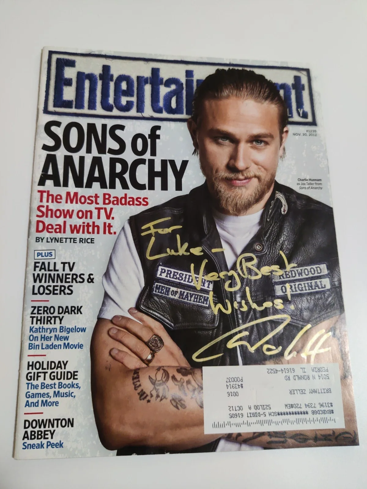 Charlie Hunnam — Charlie Hunnam Signed Ent. Weekly Magazine SOA Sons of Anarchy "To Luke"