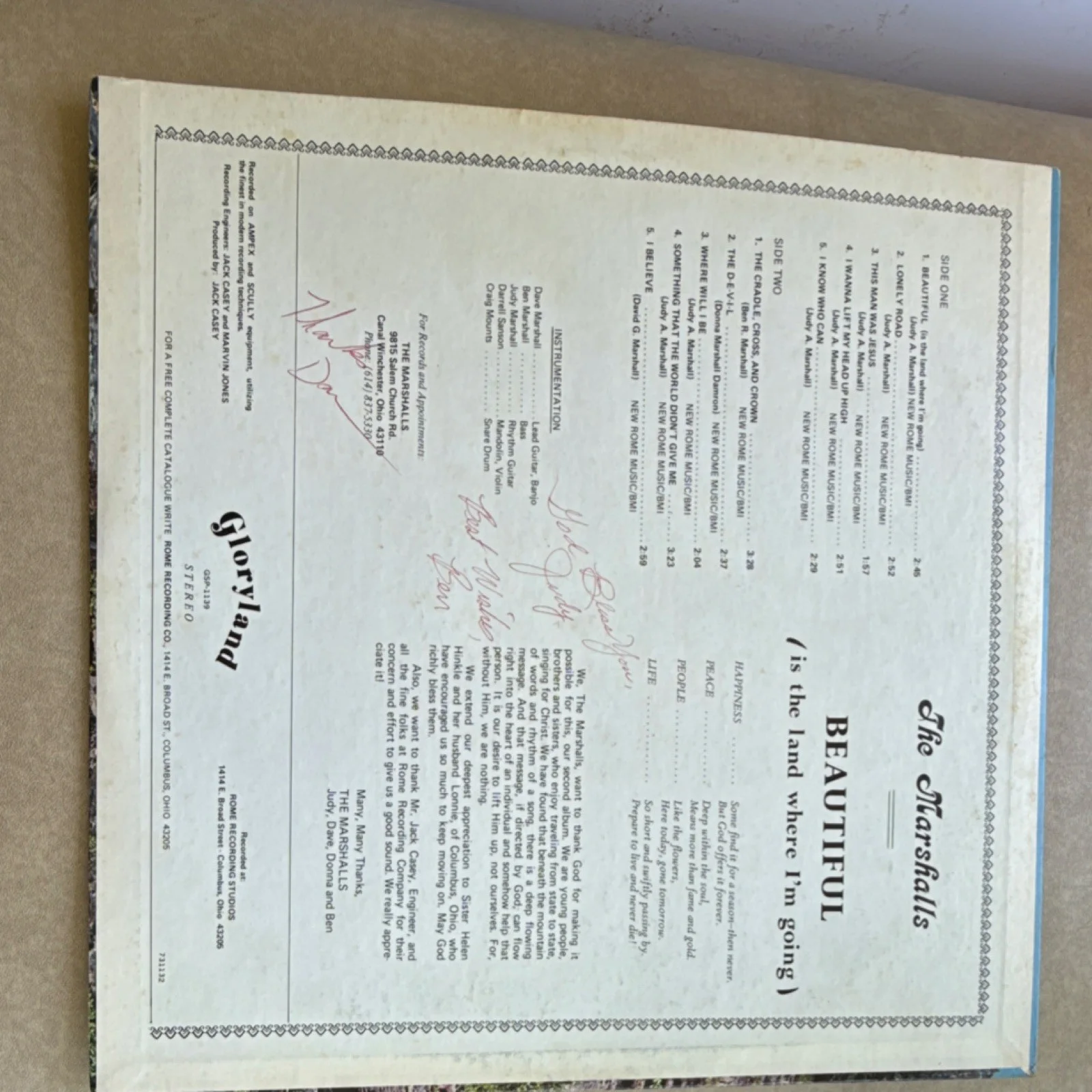 The Marshalls Autographed Beautiful (is the land where I'm going) Vinyl Record, изображение 2