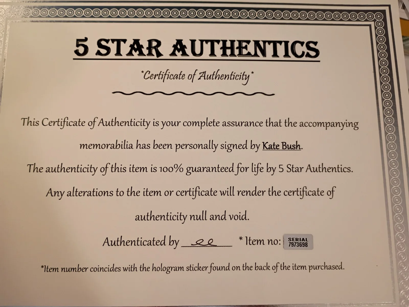 Kate Bush Signed 8x10 COA W/ Matching Numbered Sticker, image 4