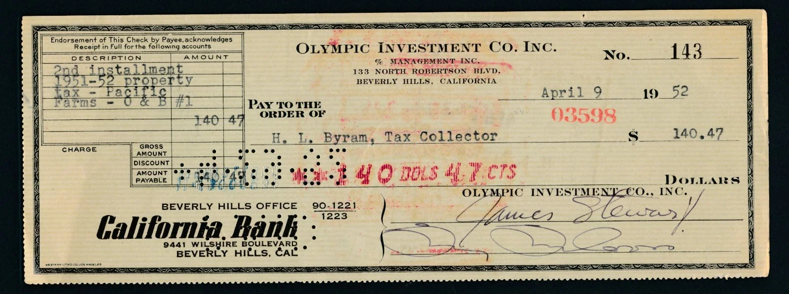 James Stewart - 1952 Signed Business Check w/Orig 1949 Still- The Stratton Story, изображение 2