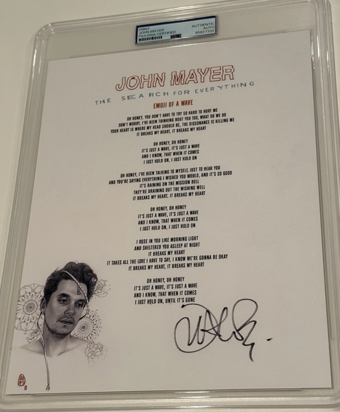 John Mayer Signed Emoji of a Wave Lyrics Print PSA Authentic Autograph, изображение 2