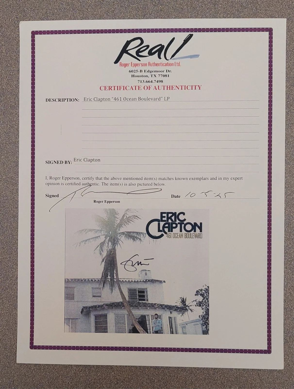 Eric Clapton Signed Autographed 461 Ocean Boulevard LP Vinyl Album. Epperson LOA, image 4