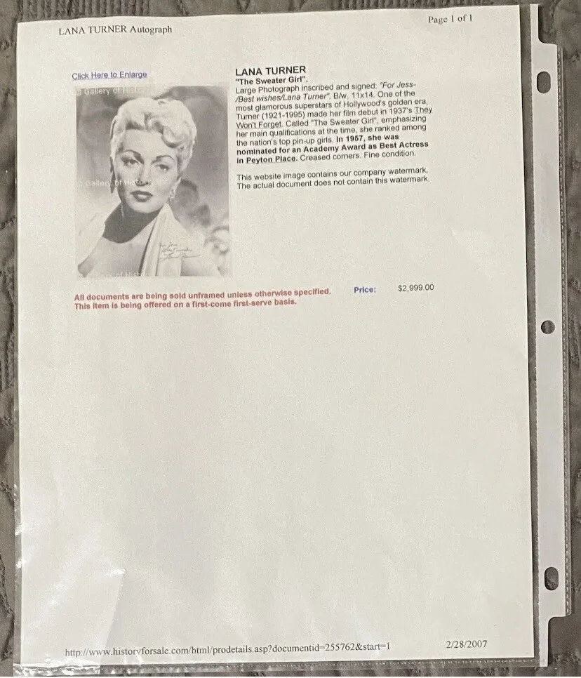 Lana Turner — Lana Turner Signed And Authenticated Autograph With Signed Typed Letter!!! 20X16, image 2