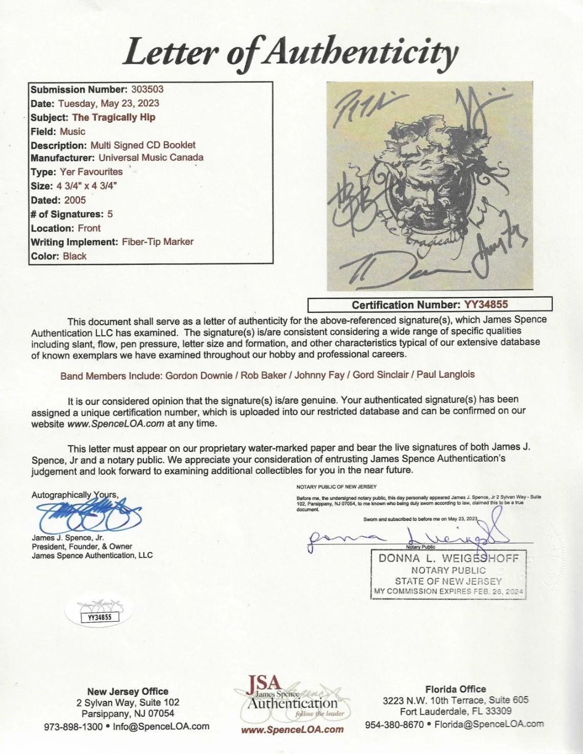 The Tragically Hip SIGNED Yer Favourites CD Framed Display #2 JSA LOA Downie +, image 2